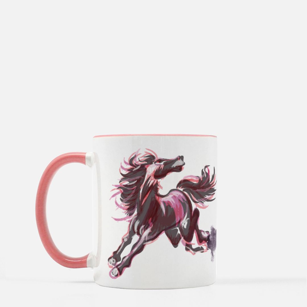 Wild Chaos Coffee Mug – Ink Brush Horse Art – Pink Accent