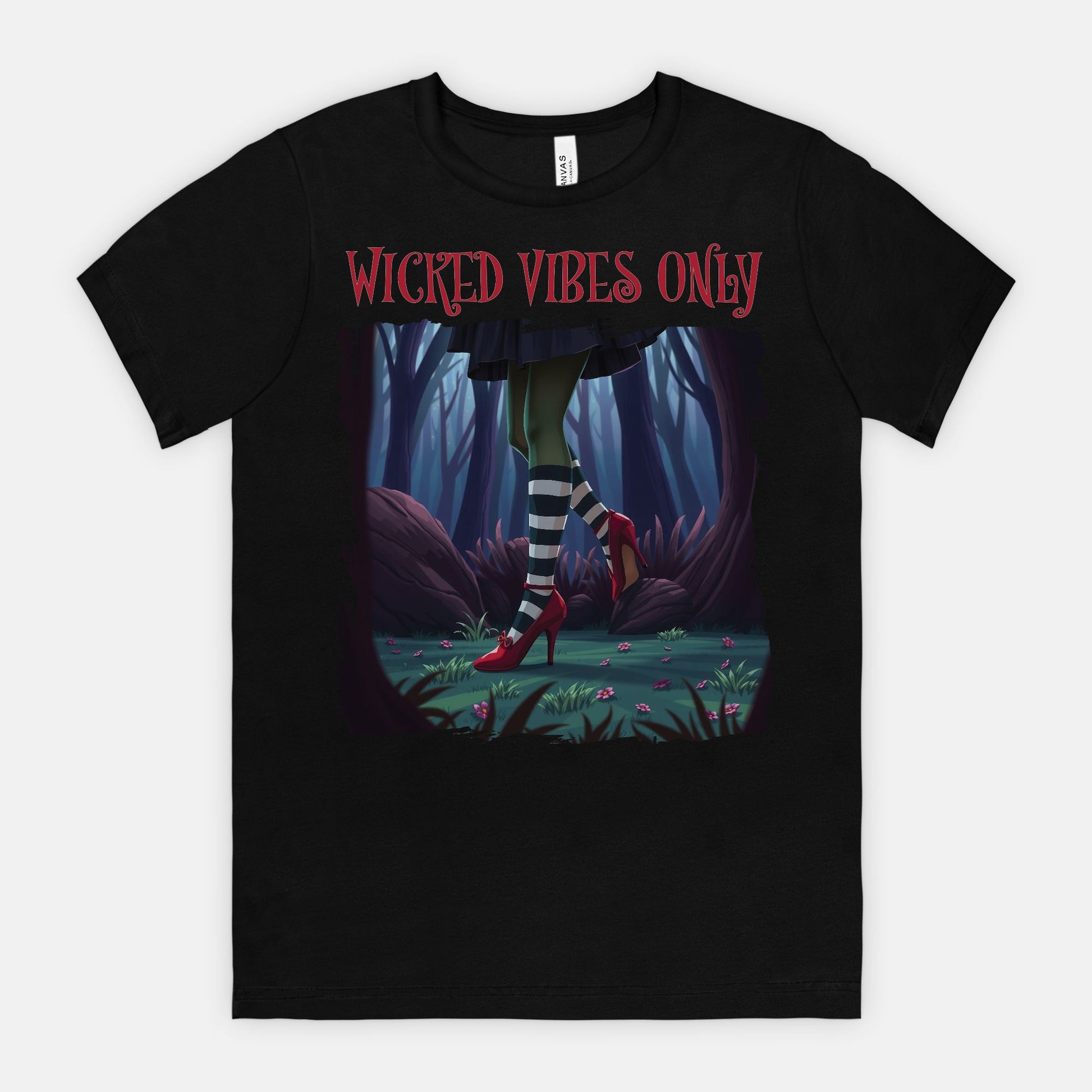 Wicked Vibes Only Witch Shirt – Striped Stockings & Ruby Heels Halloween Tee