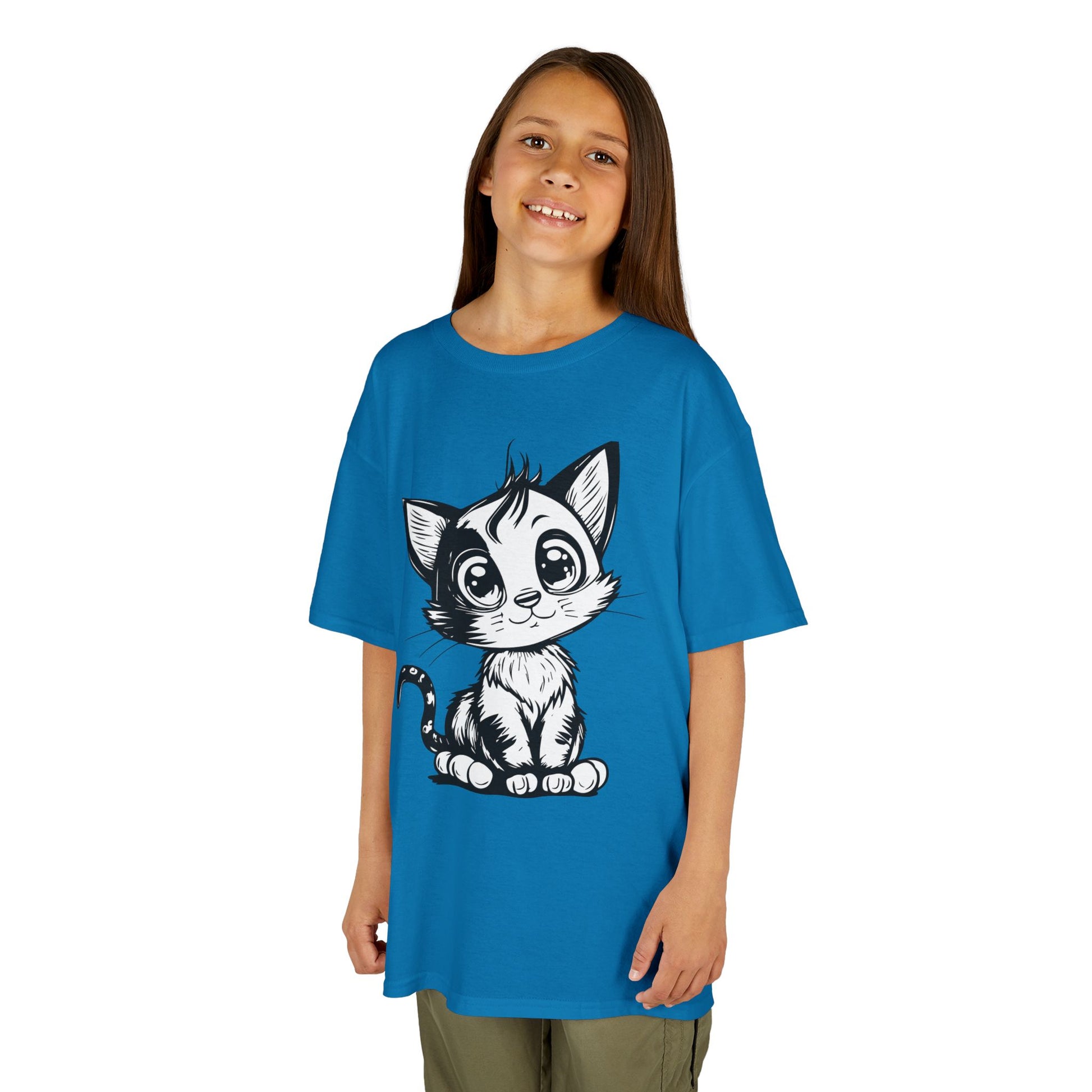 Big-Eyed Cat Kids T-Shirt – Cute Black & White Line Art