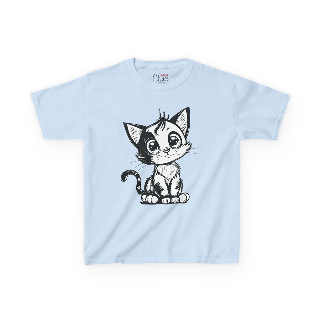 Big-Eyed Cat Kids T-Shirt – Cute Black & White Line Art