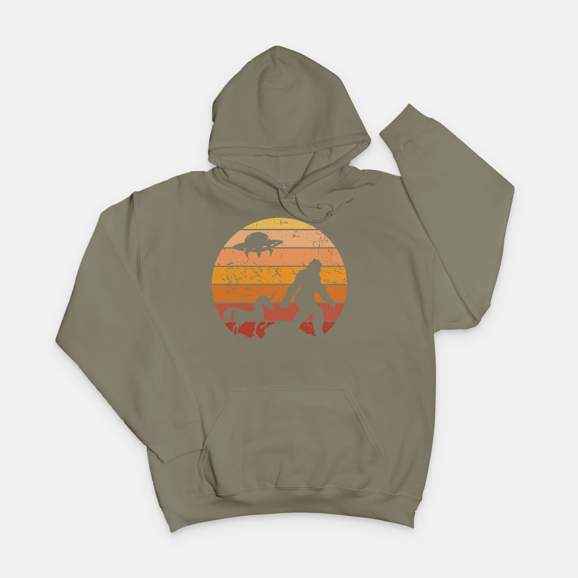 Bigfoot Sunset Adventure Hoodie – UFO & Unicorn Retro Cryptid Design