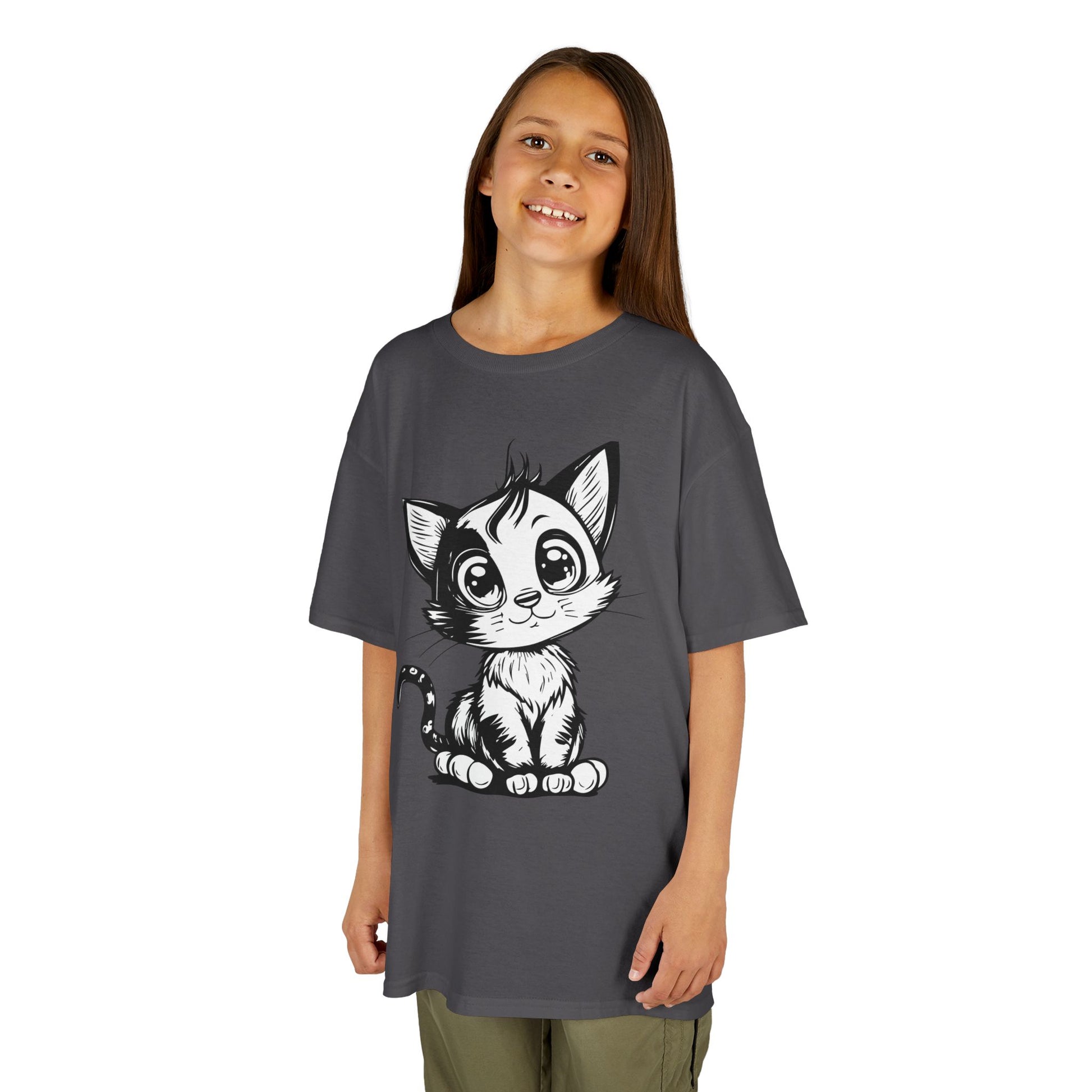 Big-Eyed Cat Kids T-Shirt – Cute Black & White Line Art