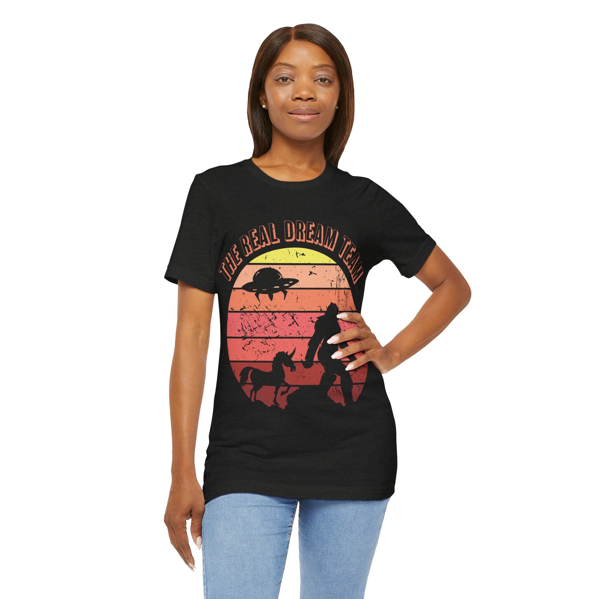 The Real Dream Team Retro Sunset Bigfoot, Unicorn & UFO Shirt
