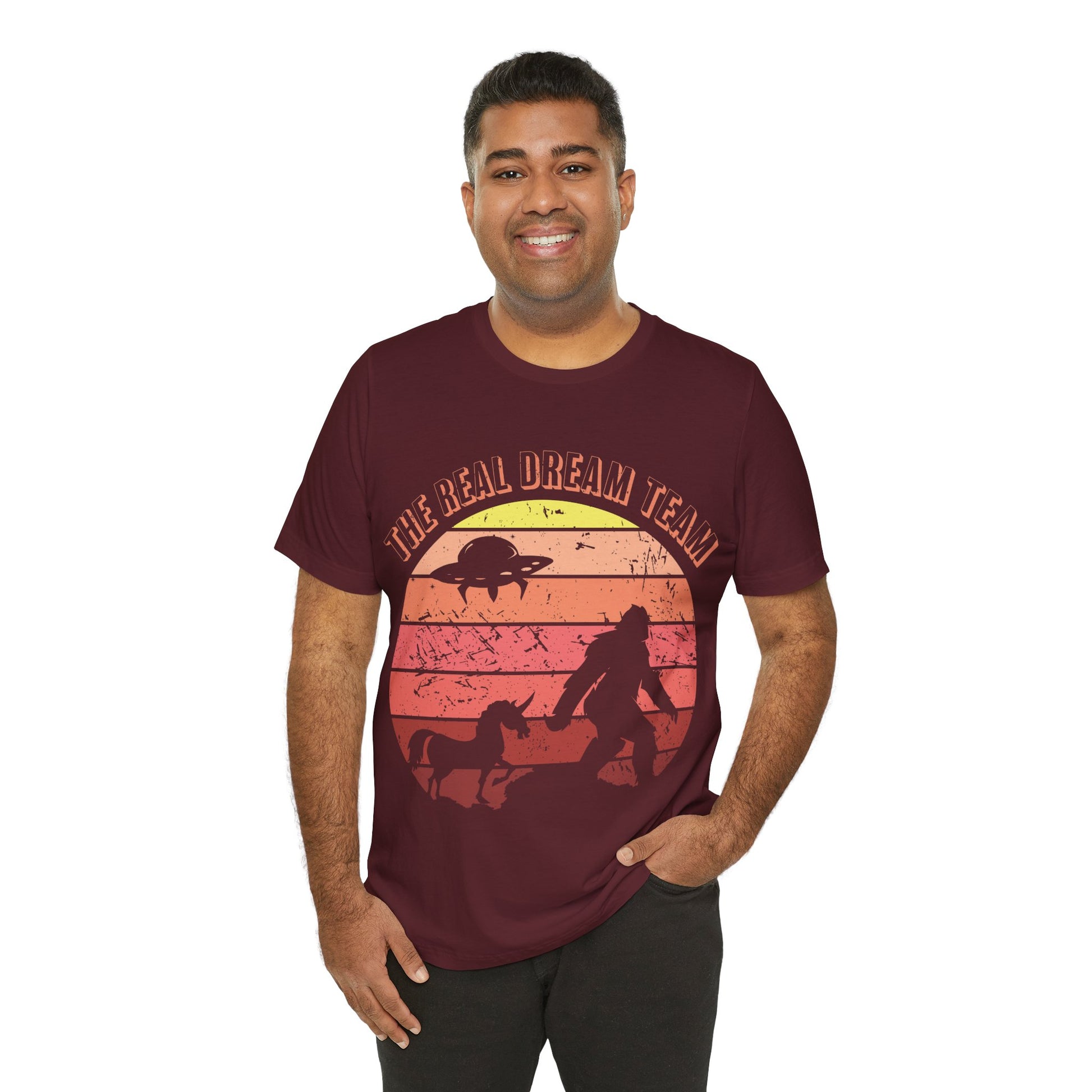The Real Dream Team Retro Sunset Bigfoot, Unicorn & UFO Shirt