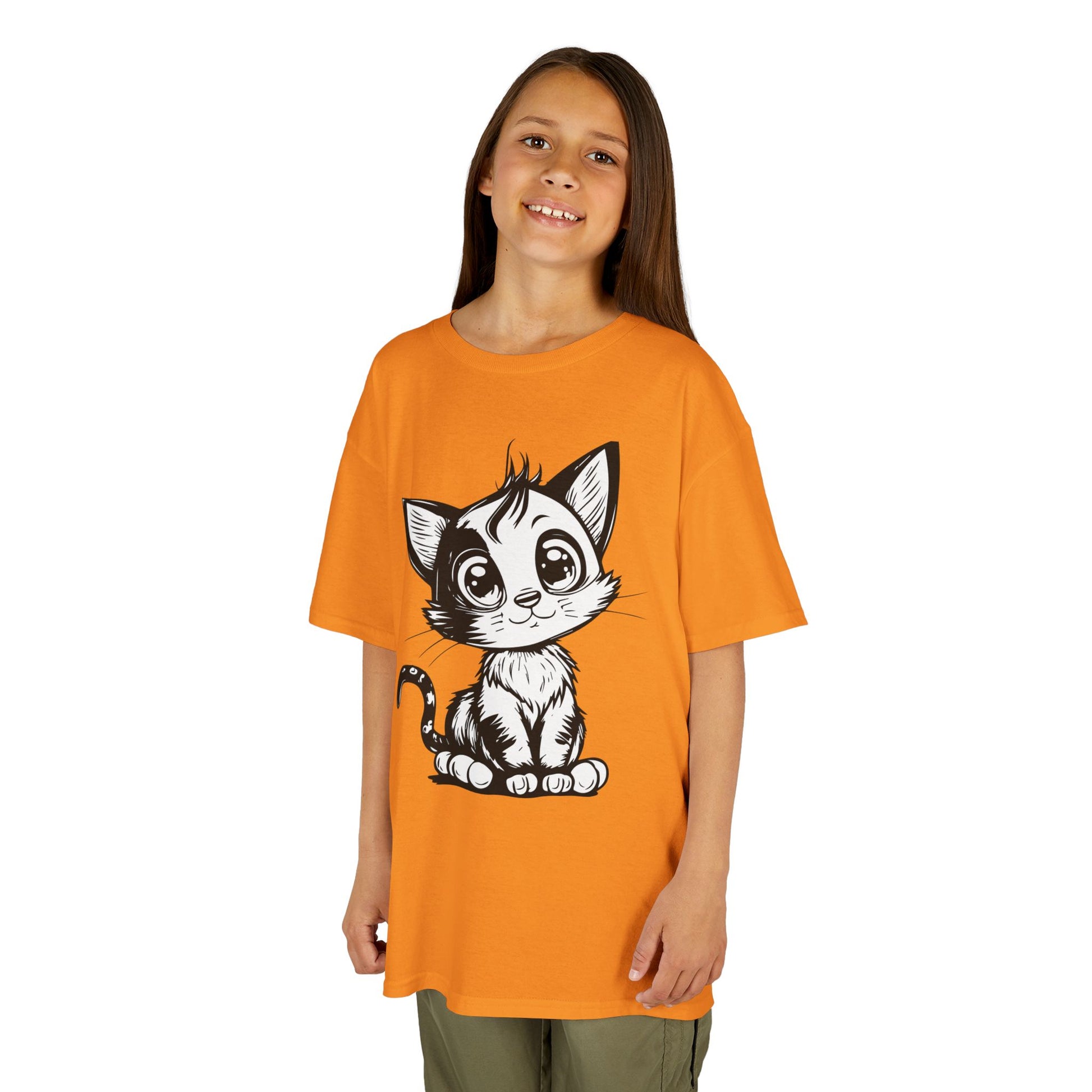 Big-Eyed Cat Kids T-Shirt – Cute Black & White Line Art