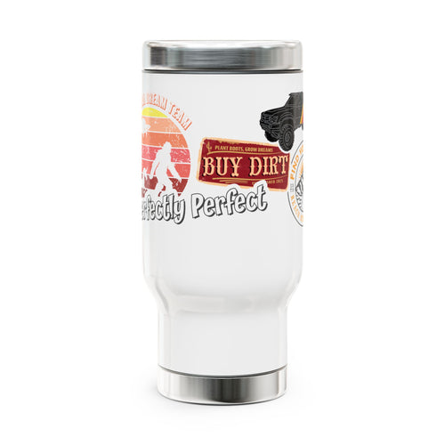 Sticker Collage Adventure Tumbler – Bigfoot, Truck, Mountains & More