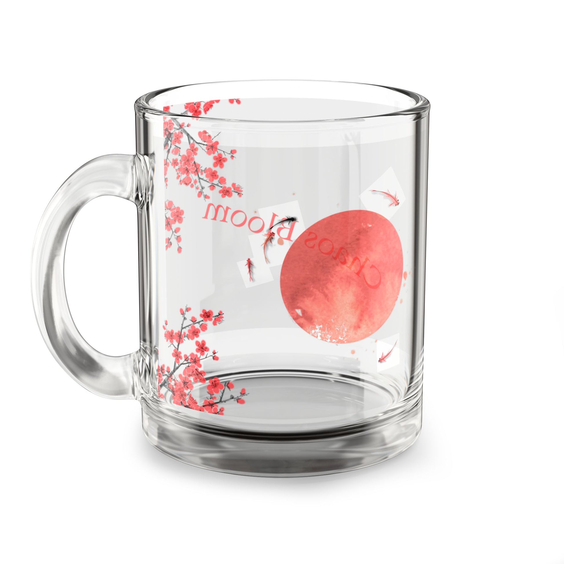 Chaos Bloom Glass Coffee Mug – Sakura, Koi & Red Sun Ink Wash Art