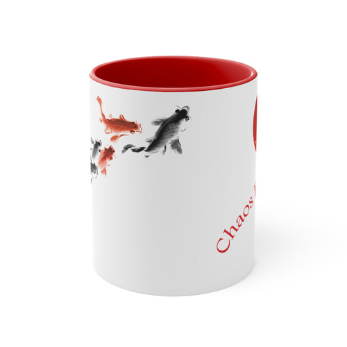 Chaos Bloom Coffee Mug – Sakura, Koi & Red Sun Sumi-e Art – Red Accent