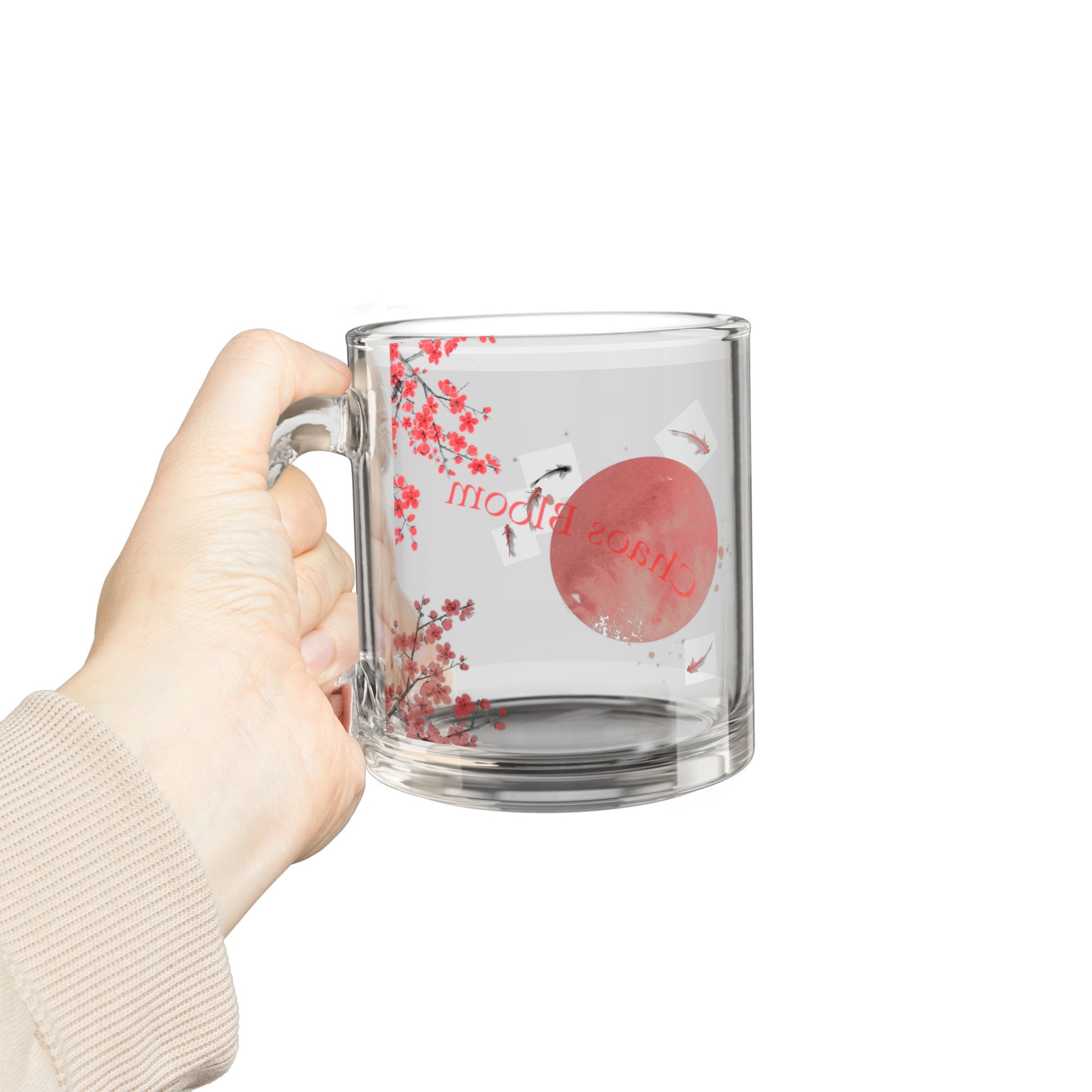 Chaos Bloom Glass Coffee Mug – Sakura, Koi & Red Sun Ink Wash Art