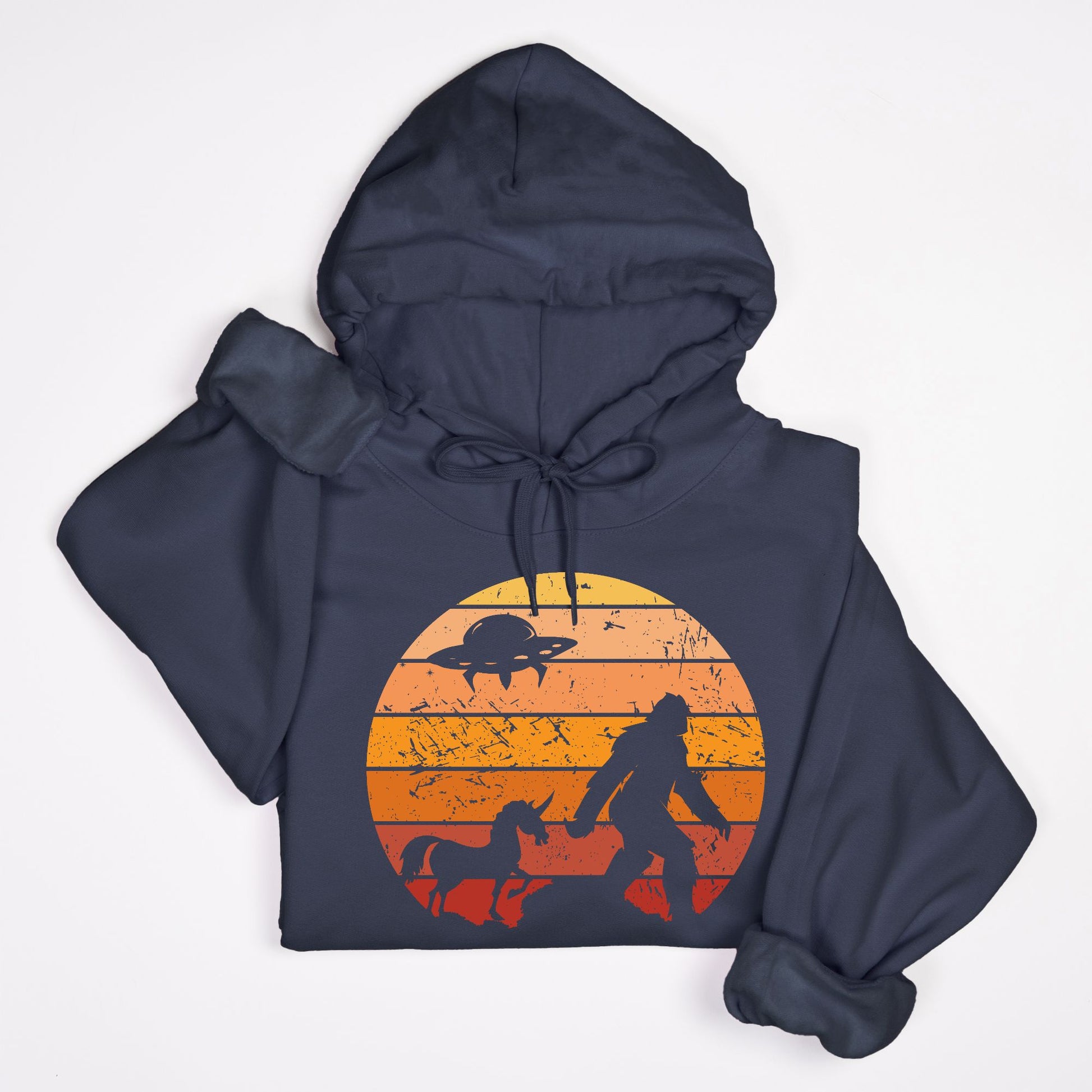 Bigfoot Sunset Adventure Hoodie – UFO & Unicorn Retro Cryptid Design