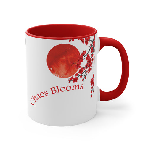 Chaos Bloom Coffee Mug – Sakura, Koi & Red Sun Sumi-e Art – Red Accent