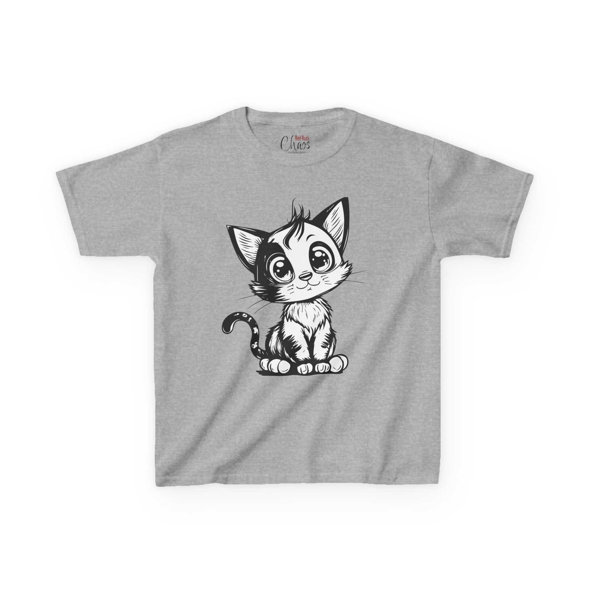 Big-Eyed Cat Kids T-Shirt – Cute Black & White Line Art