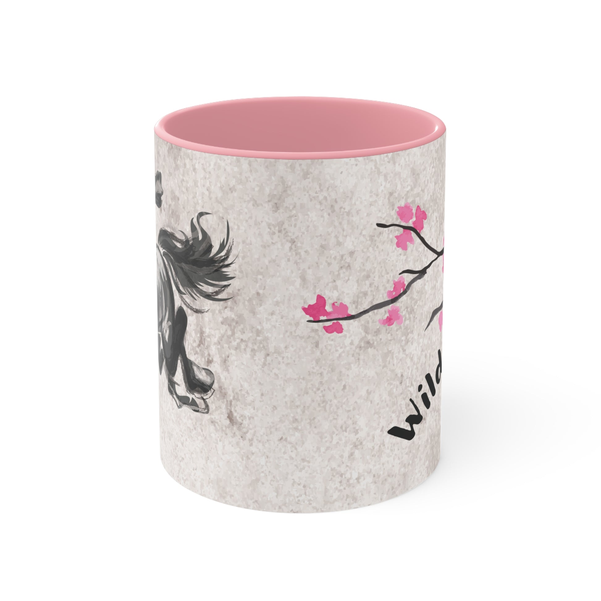 Wild Chaos Coffee Mug – Ink Brush Horse Art – Pink Accent