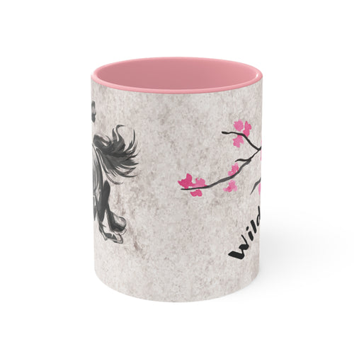 Wild Chaos Coffee Mug – Ink Brush Horse Art – Pink Accent