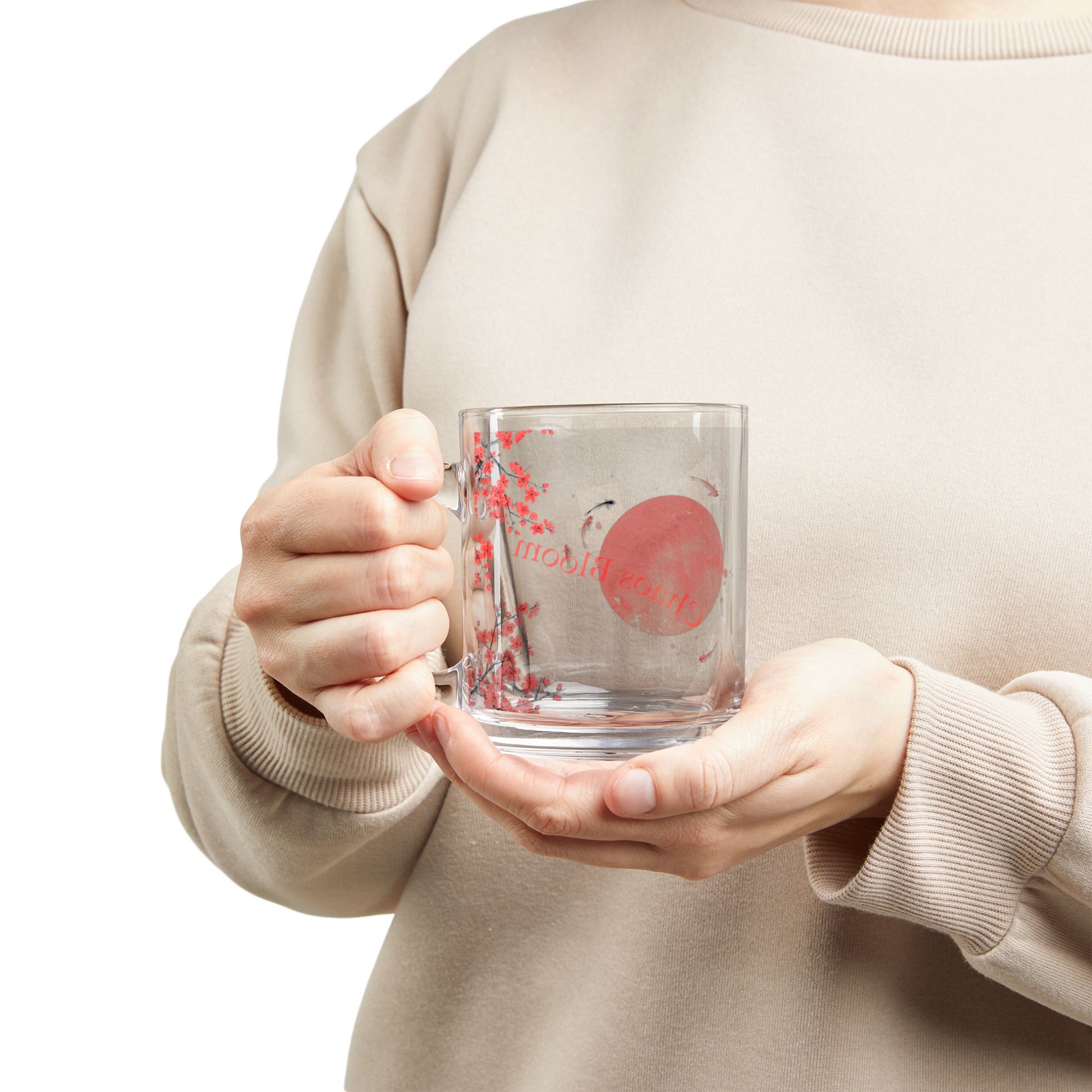 Chaos Bloom Glass Coffee Mug – Sakura, Koi & Red Sun Ink Wash Art