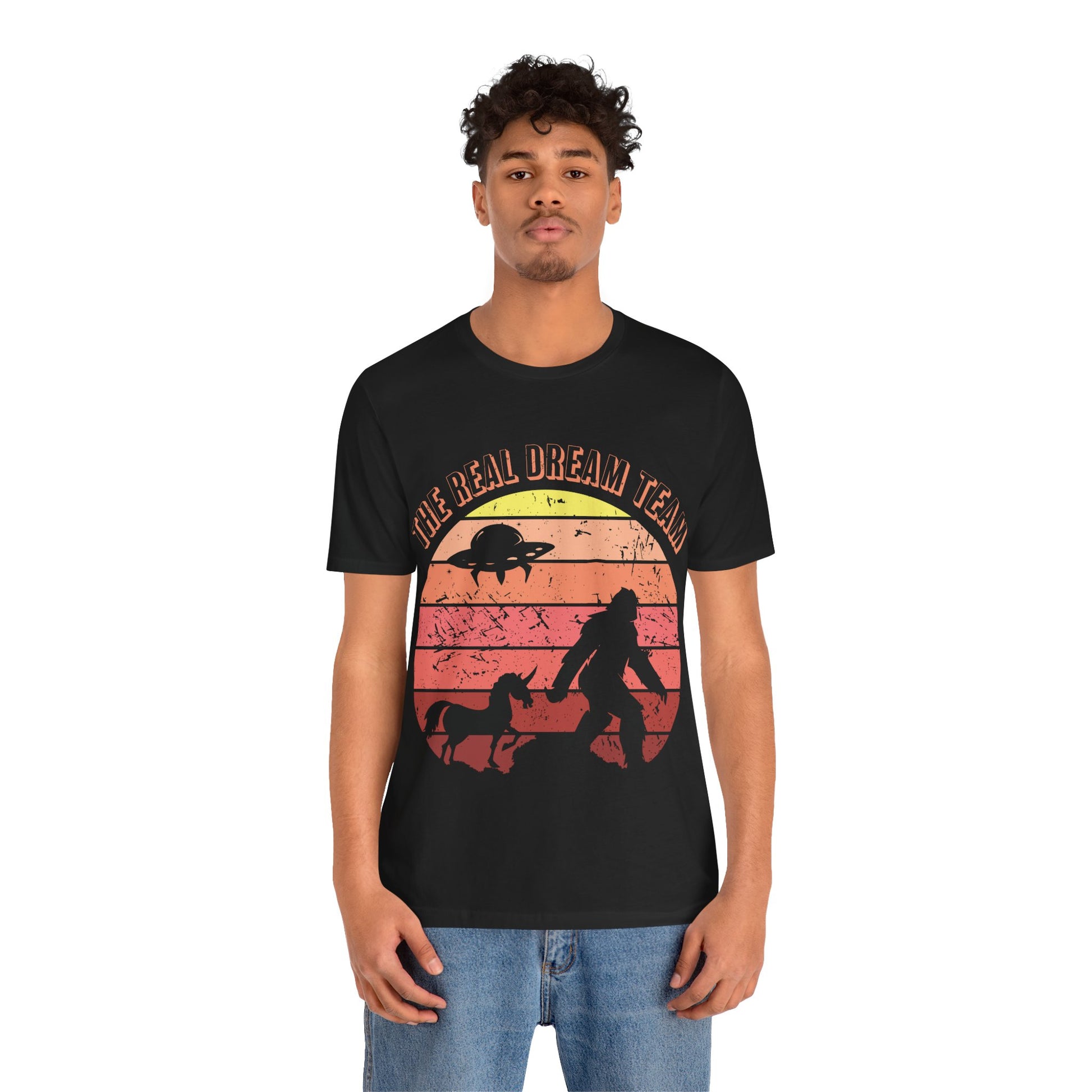 The Real Dream Team Retro Sunset Bigfoot, Unicorn & UFO Shirt