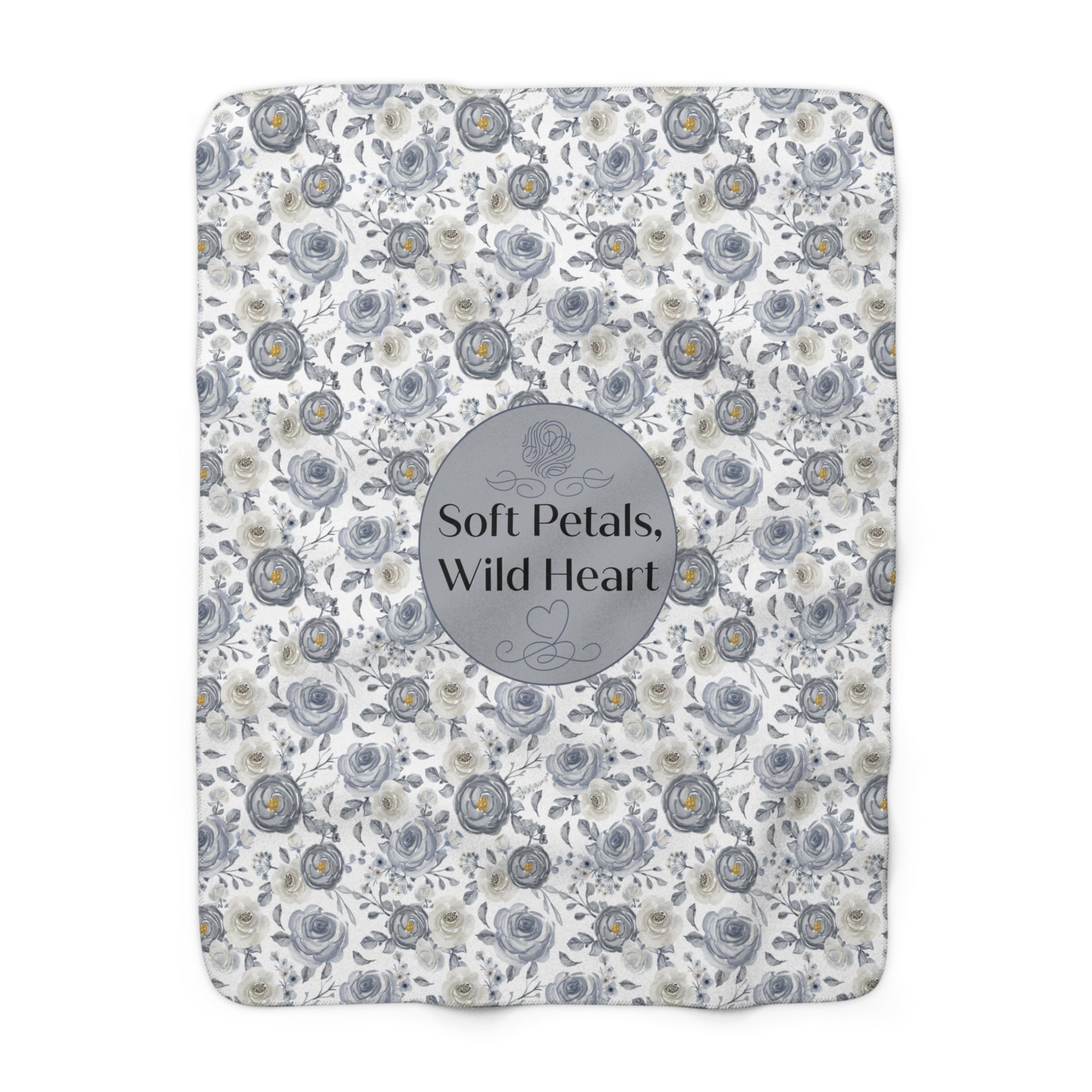 Soft Petals, Wild Heart – Gray & Blue Watercolor Floral Cozy Sherpa Fleece Blanket