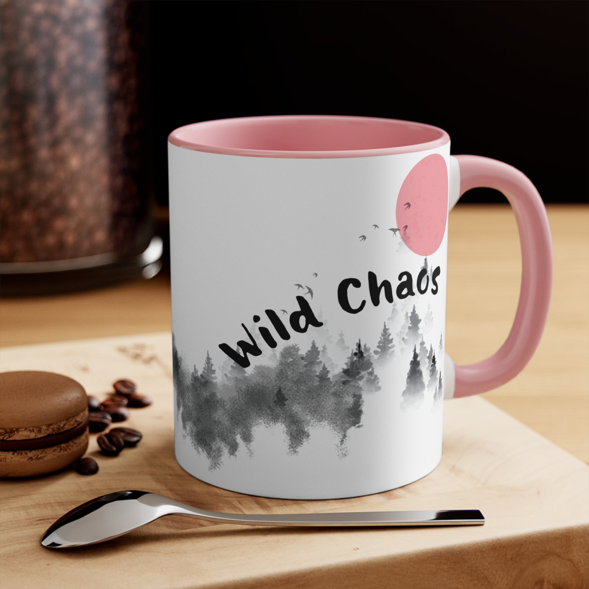 Wild Chaos Coffee Mug – Ink Brush Horse Art – Pink Accent