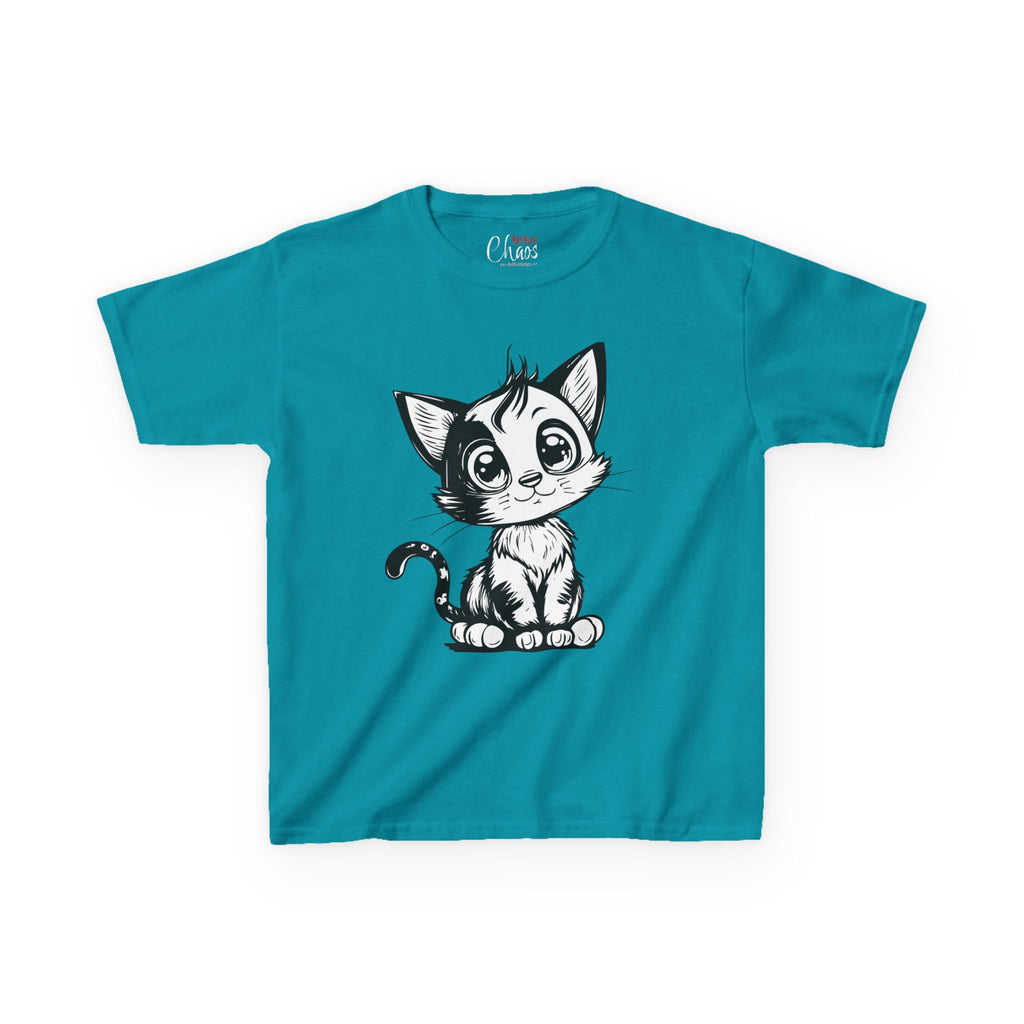 Big-Eyed Cat Kids T-Shirt – Cute Black & White Line Art