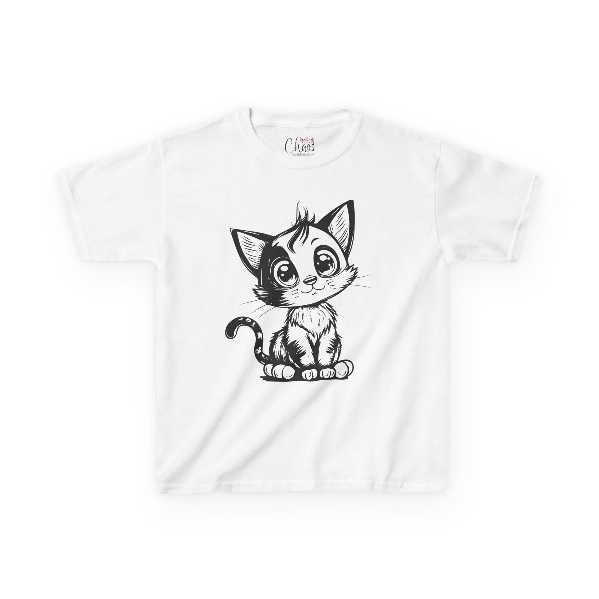Big-Eyed Cat Kids T-Shirt – Cute Black & White Line Art