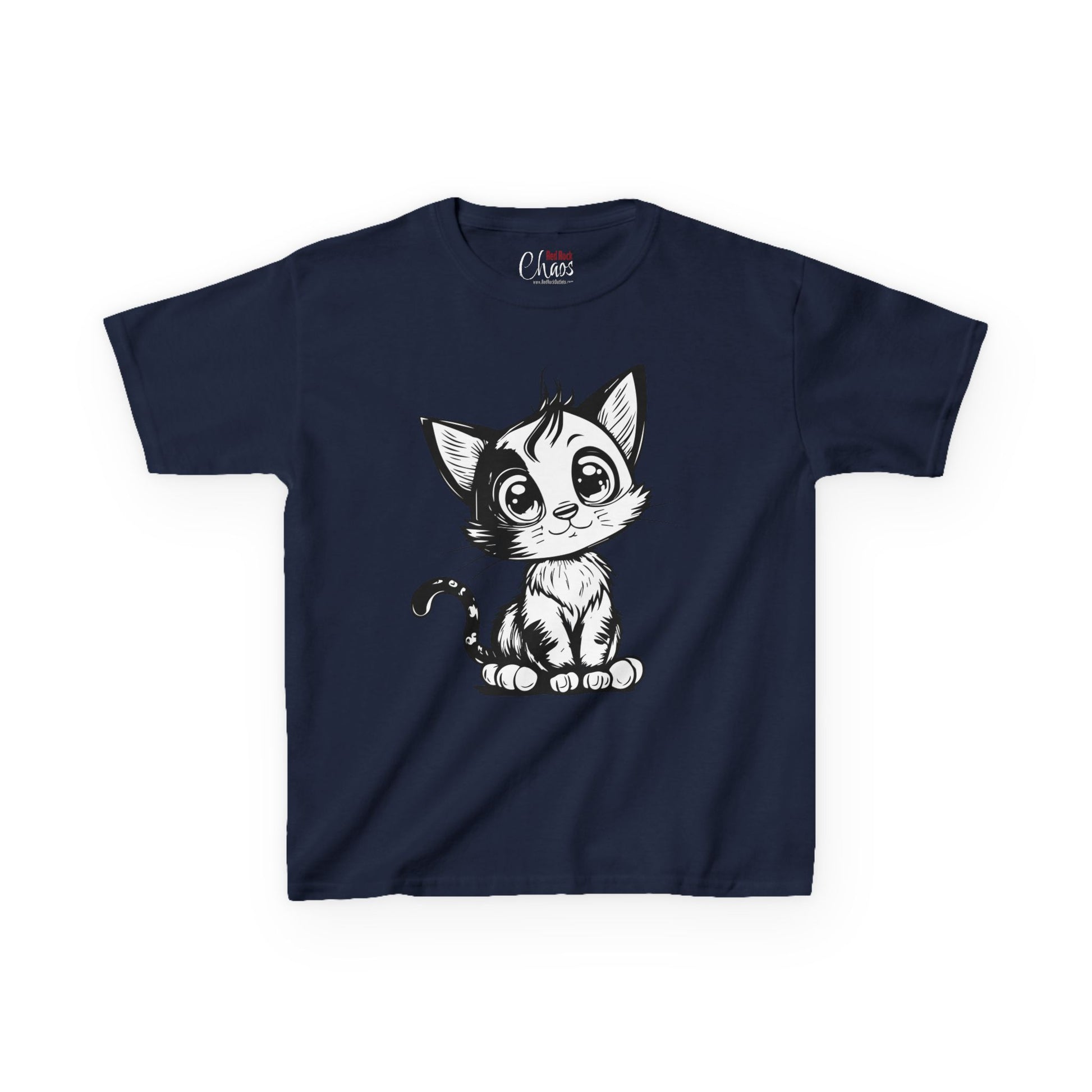 Big-Eyed Cat Kids T-Shirt – Cute Black & White Line Art