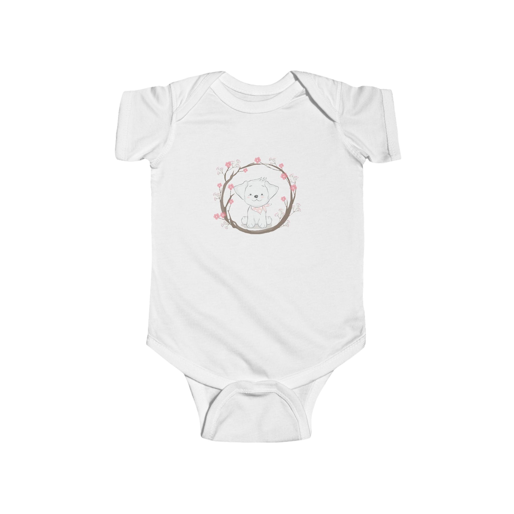 Puppy Love Baby Onesie – Cartoon Dog Surrounded by Flowers