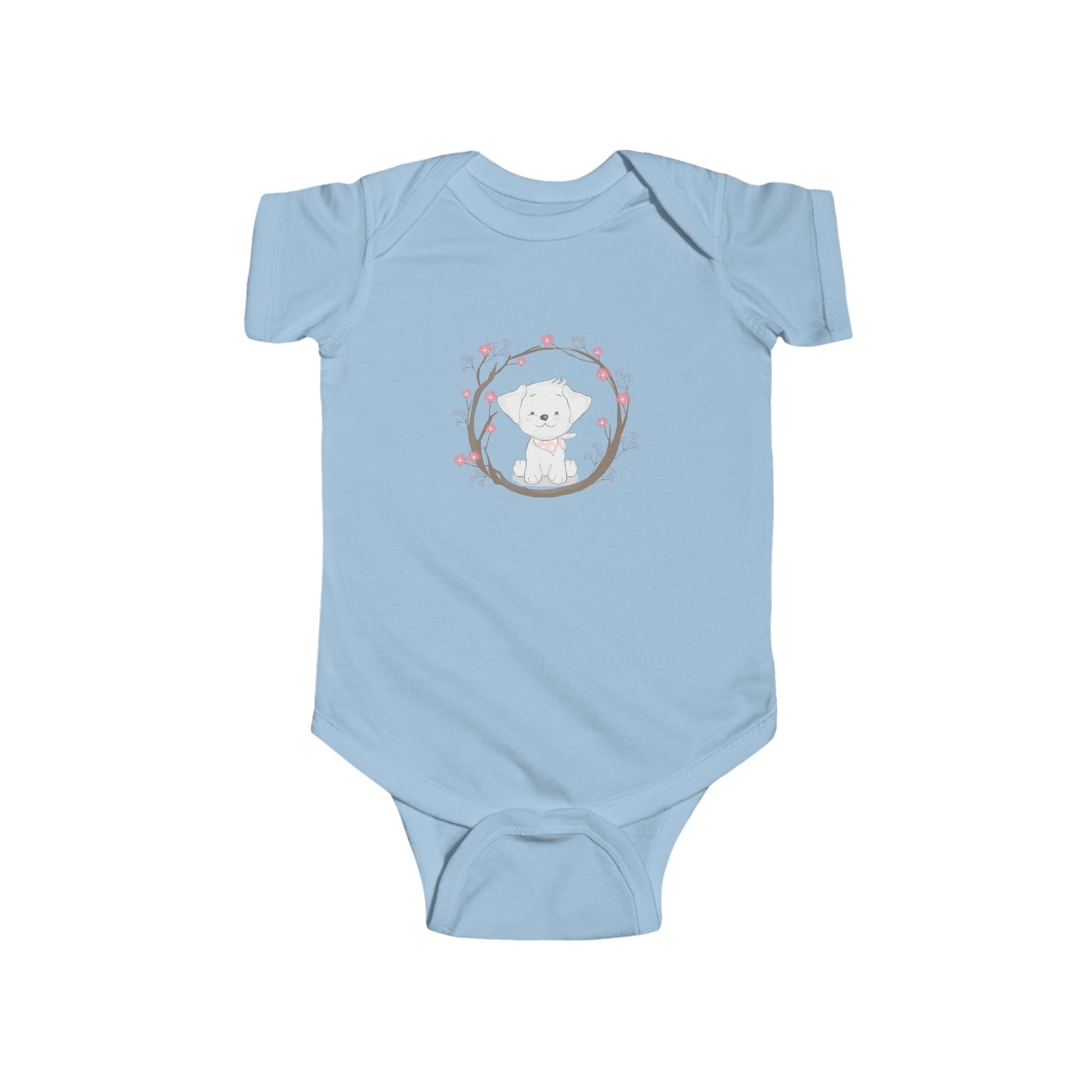 Puppy Love Baby Onesie – Cartoon Dog Surrounded by Flowers