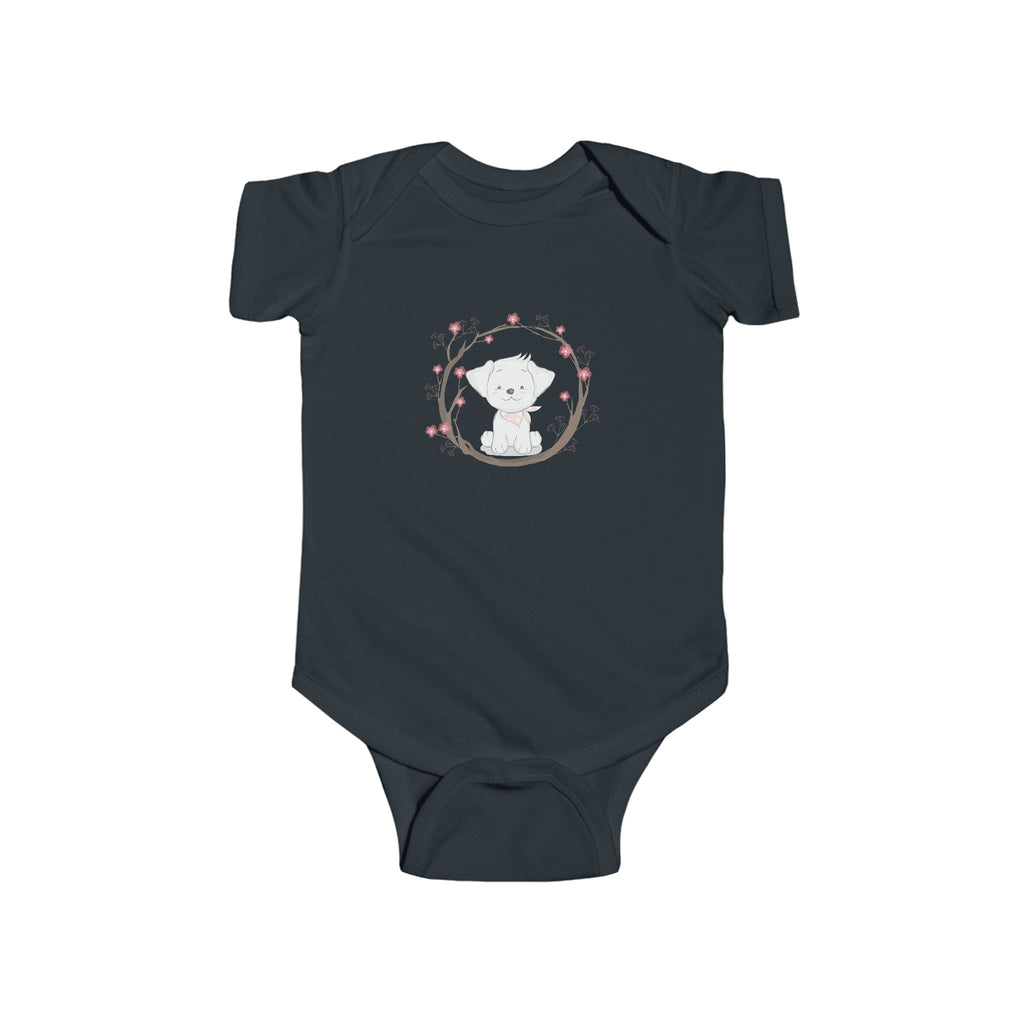 Puppy Love Baby Onesie – Cartoon Dog Surrounded by Flowers