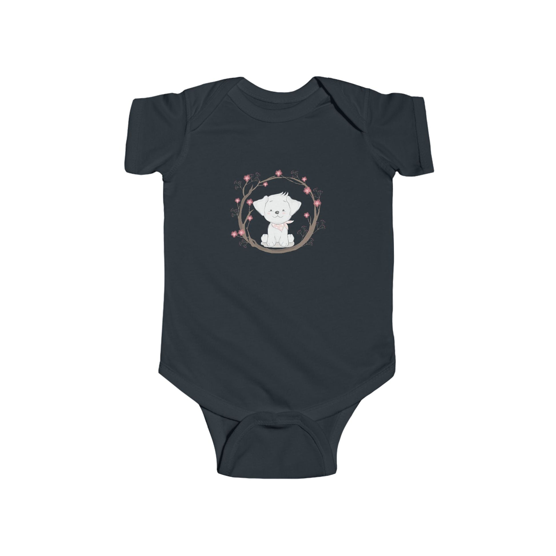 Puppy Love Baby Onesie – Cartoon Dog Surrounded by Flowers