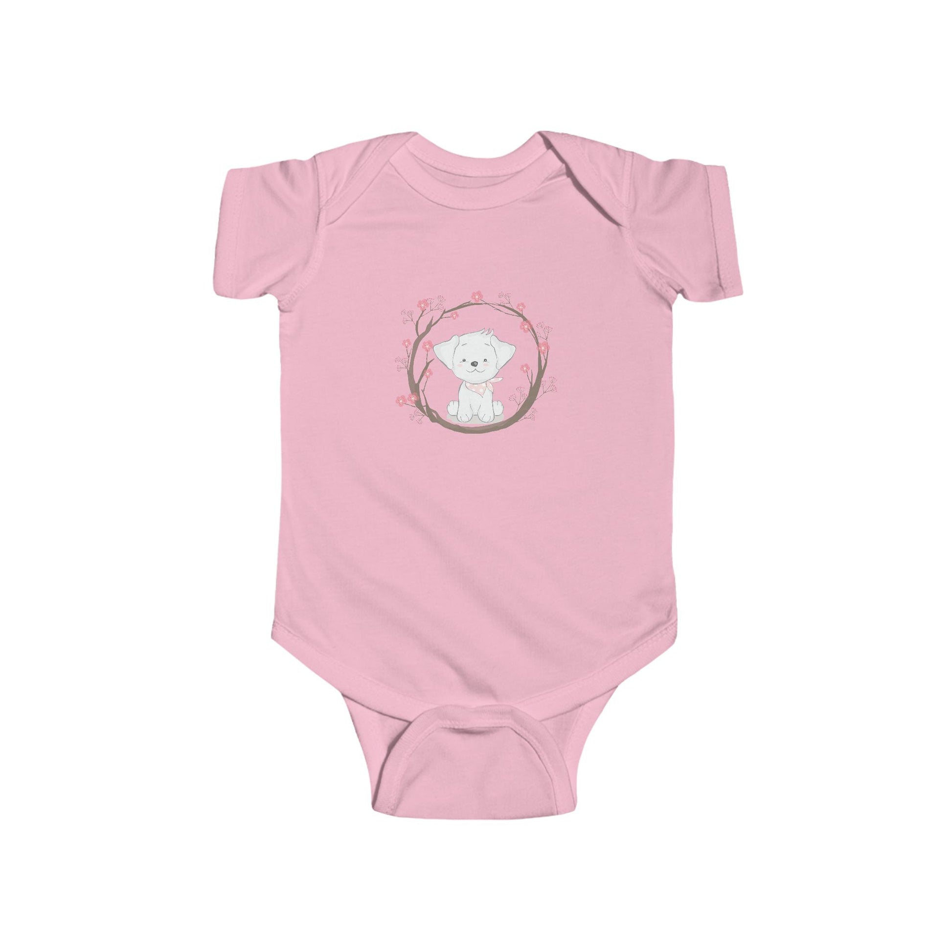 Puppy Love Baby Onesie – Cartoon Dog Surrounded by Flowers