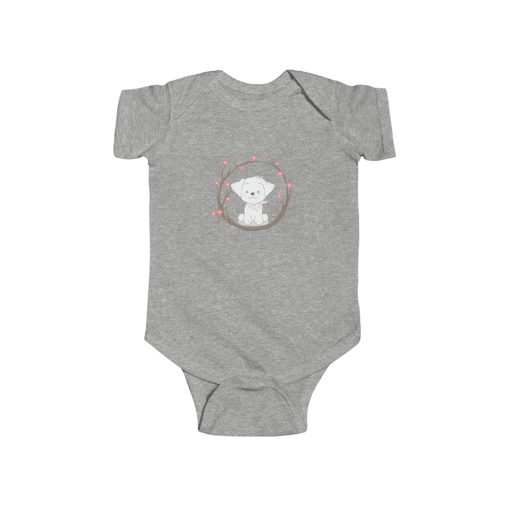 Puppy Love Baby Onesie – Cartoon Dog Surrounded by Flowers
