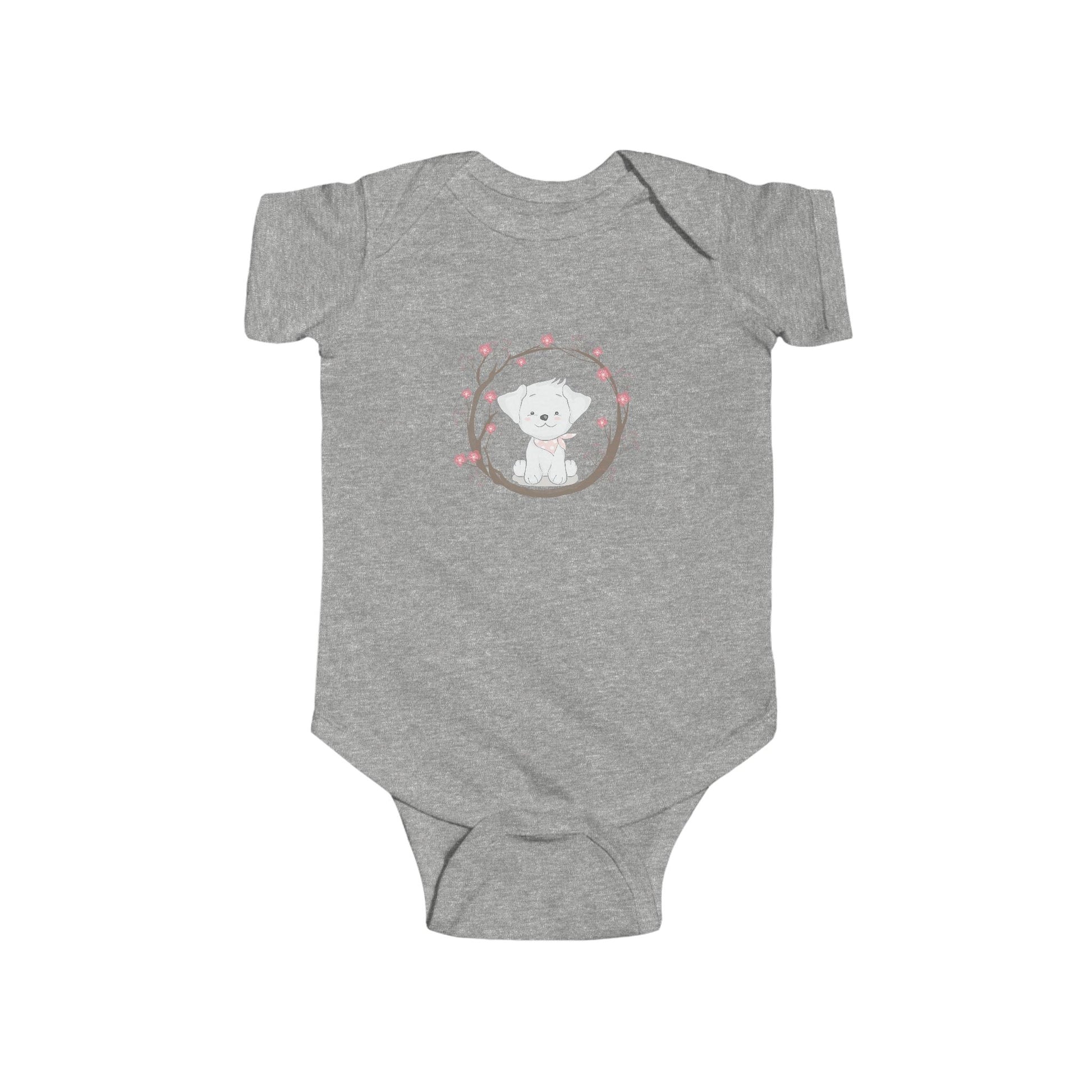 Puppy Love Baby Onesie – Cartoon Dog Surrounded by Flowers