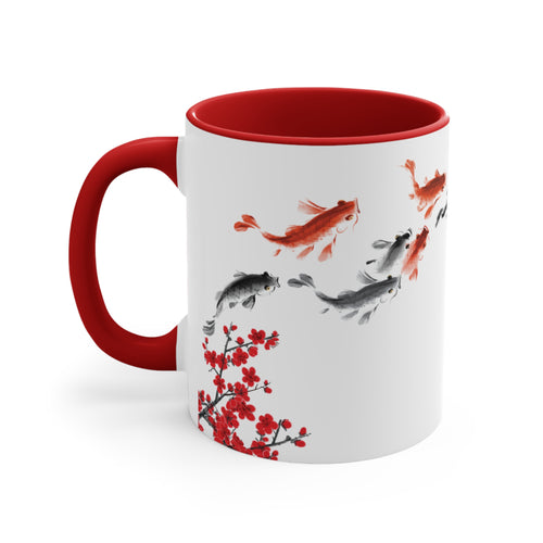 Chaos Bloom Coffee Mug – Sakura, Koi & Red Sun Sumi-e Art – Red Accent