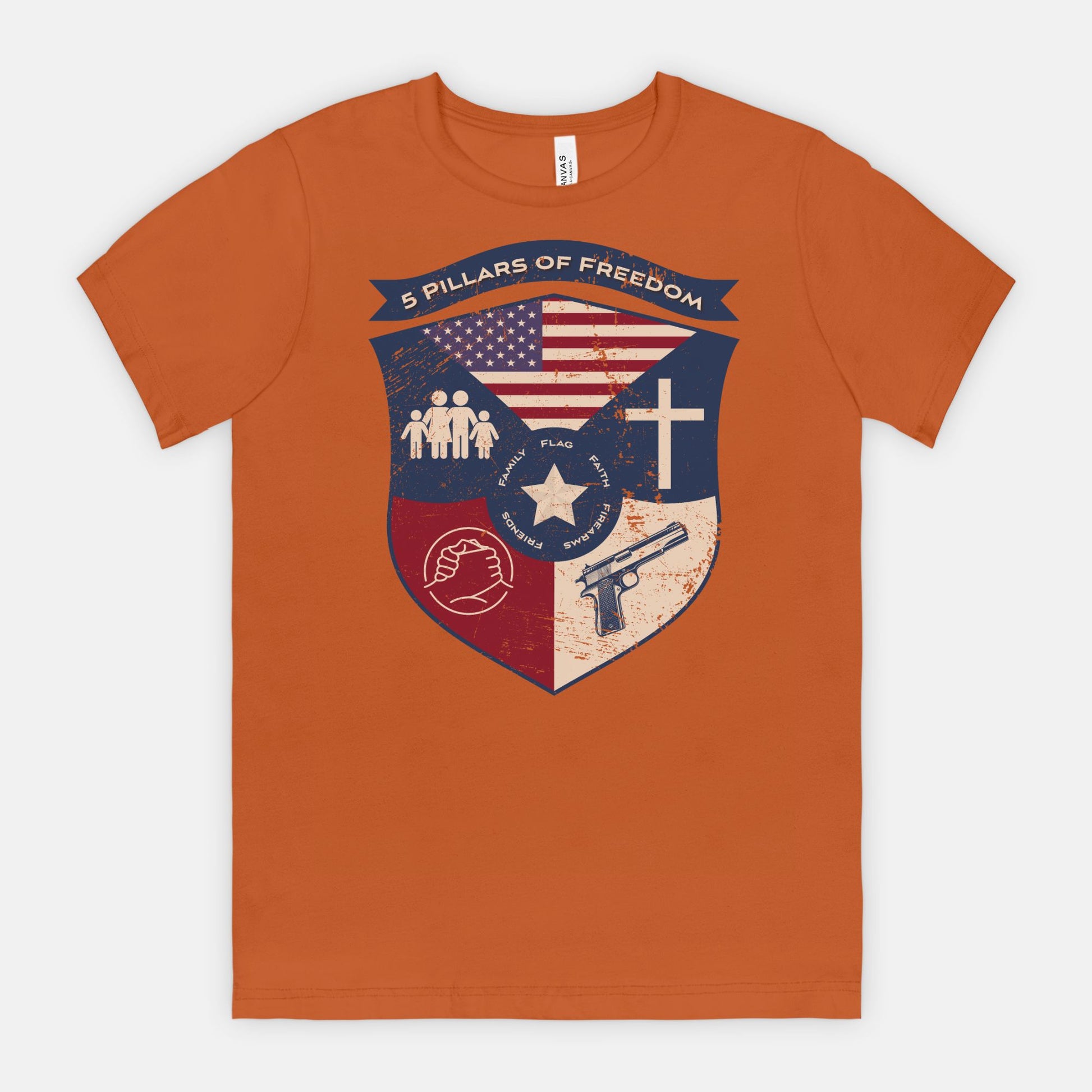 5 Pillars of Freedom Shield Tee – Family, Faith, Flag & Firearms