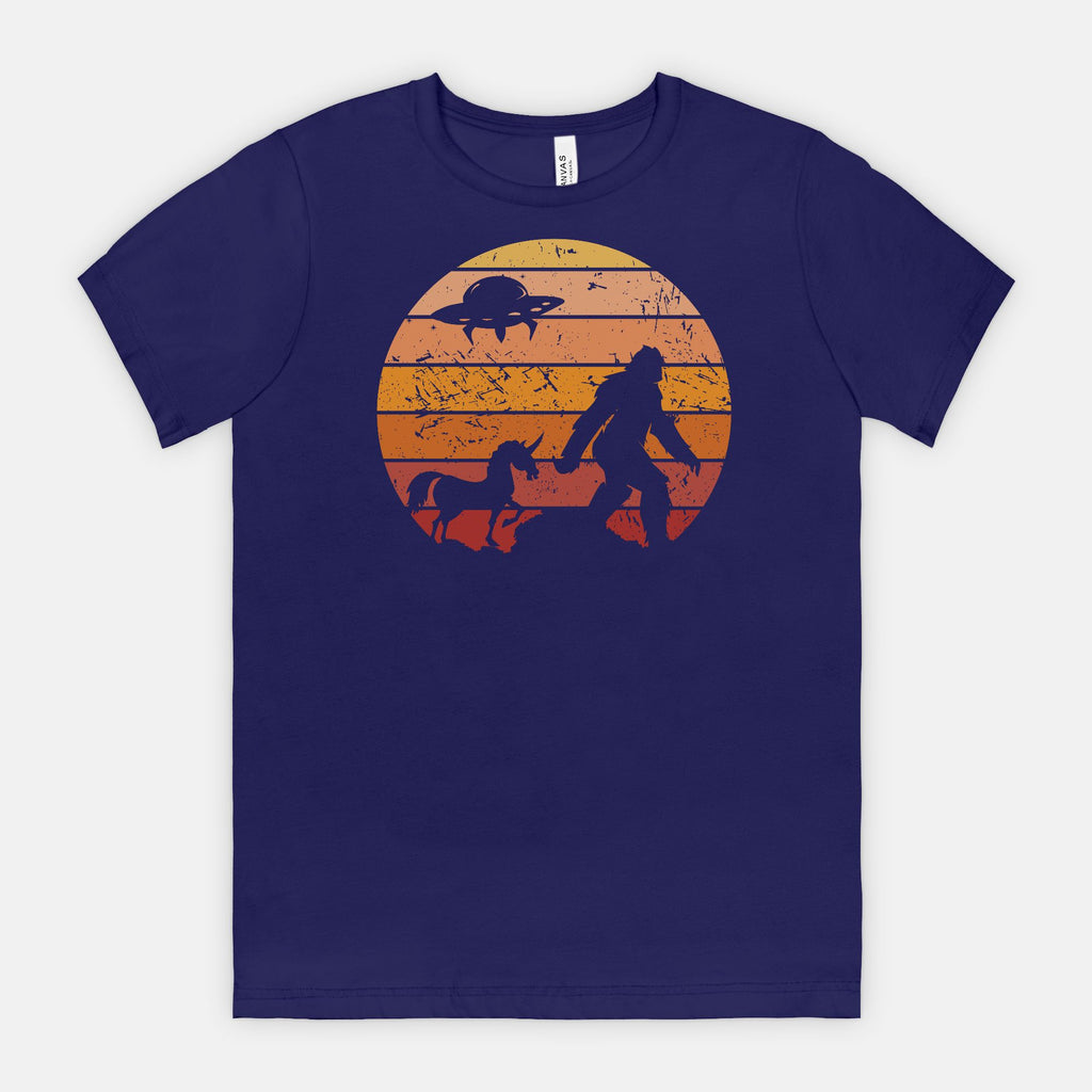 Bigfoot Sunset Adventure Tee – UFO & Unicorn Retro Cryptid Shirt