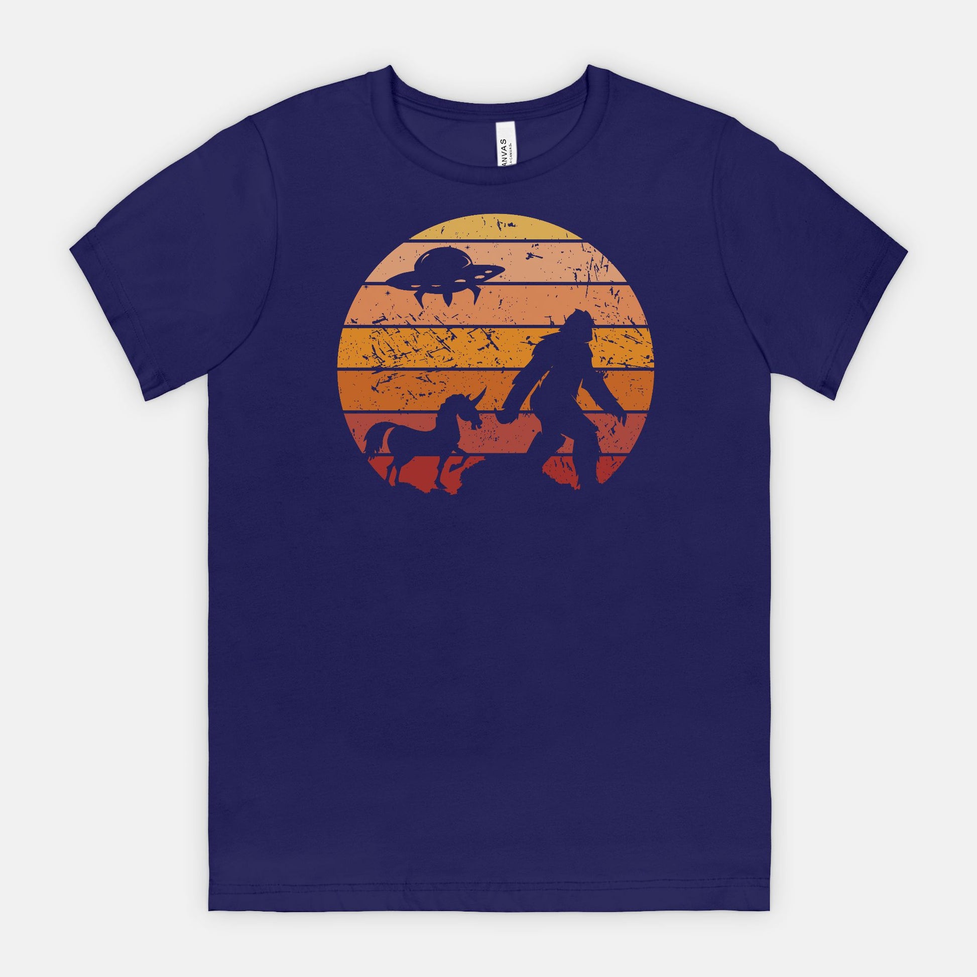 Bigfoot Sunset Adventure Tee – UFO & Unicorn Retro Cryptid Shirt