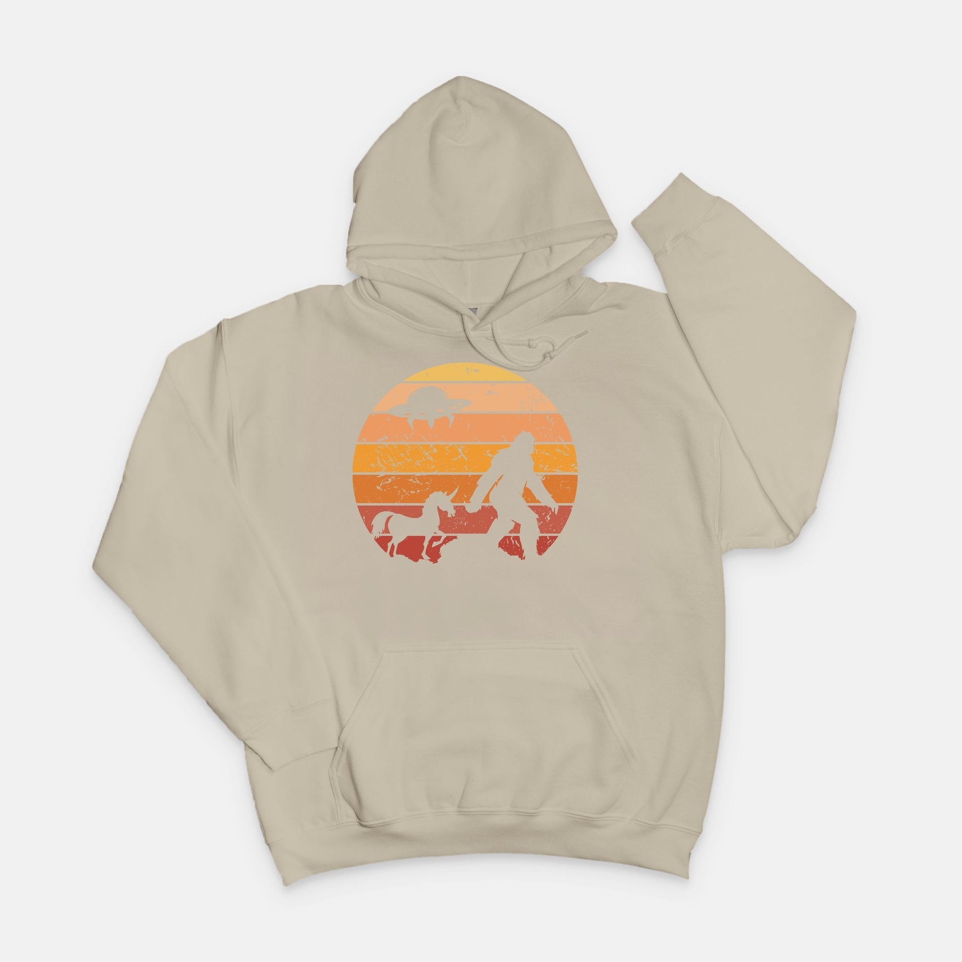Bigfoot Sunset Adventure Hoodie – UFO & Unicorn Retro Cryptid Design