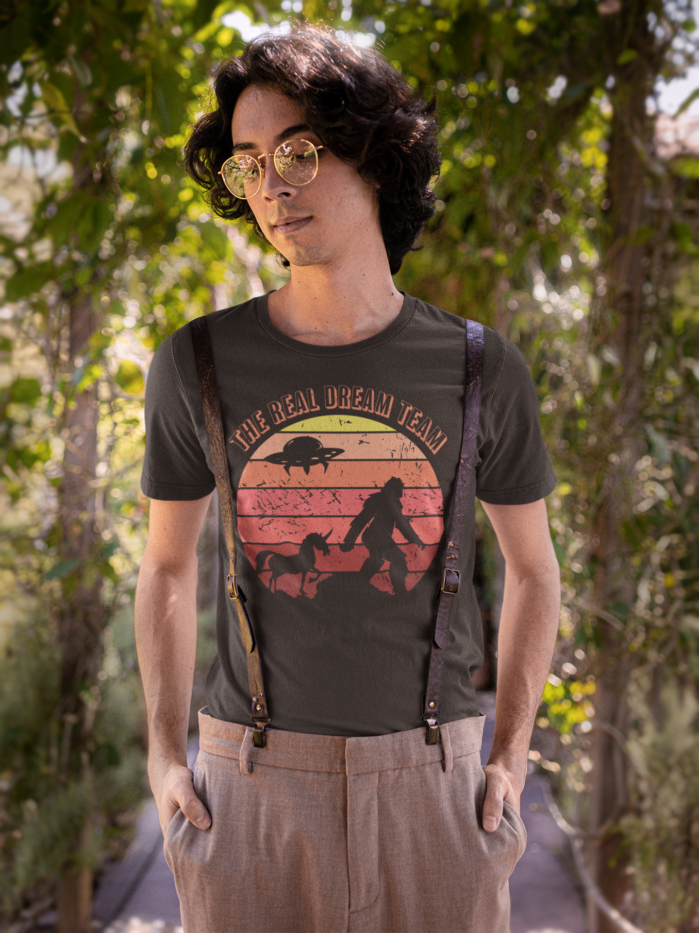 The Real Dream Team Retro Sunset Bigfoot, Unicorn & UFO Shirt