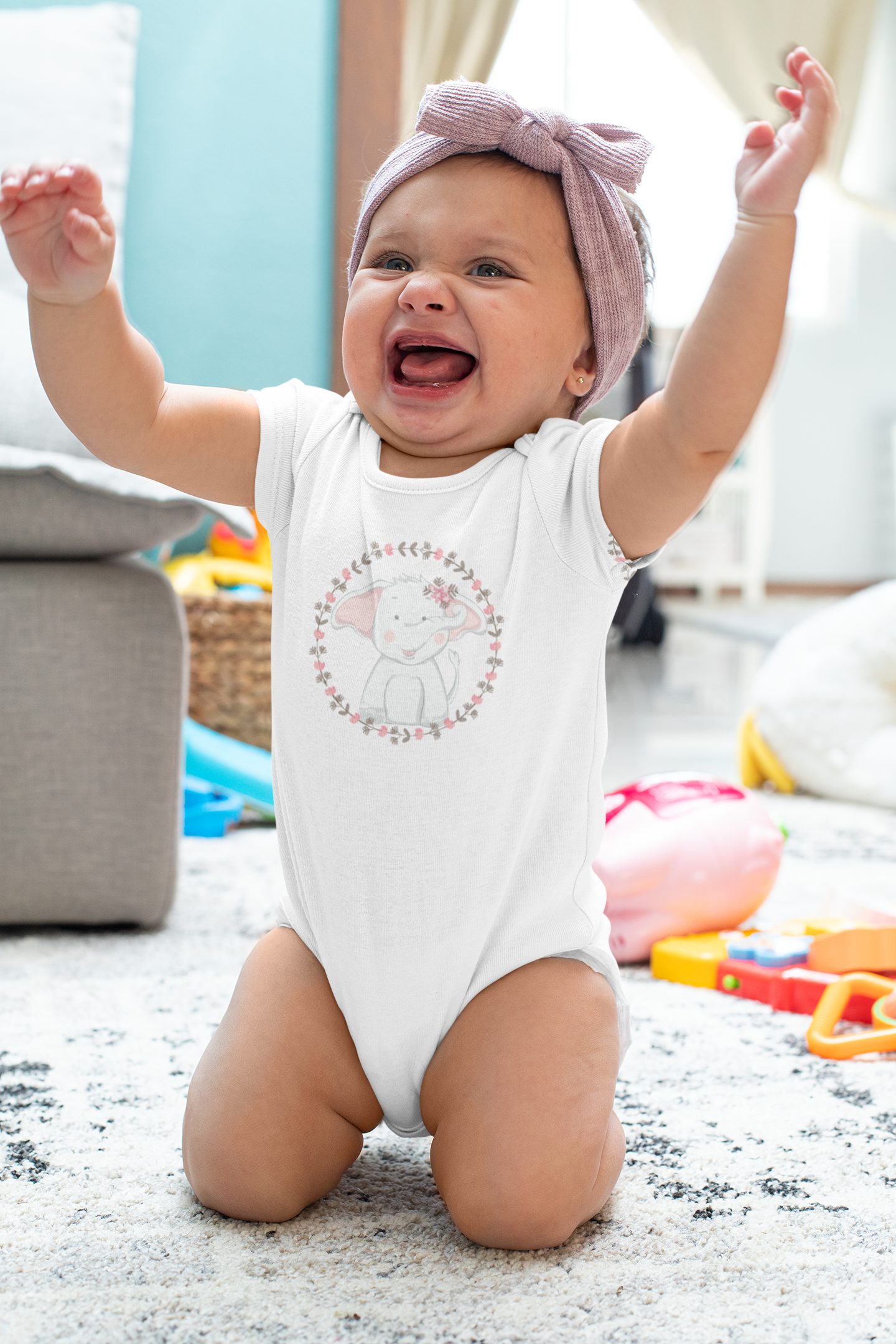 Sweet Elephant Baby Onesie – Hand-Drawn Animal with Floral Frame