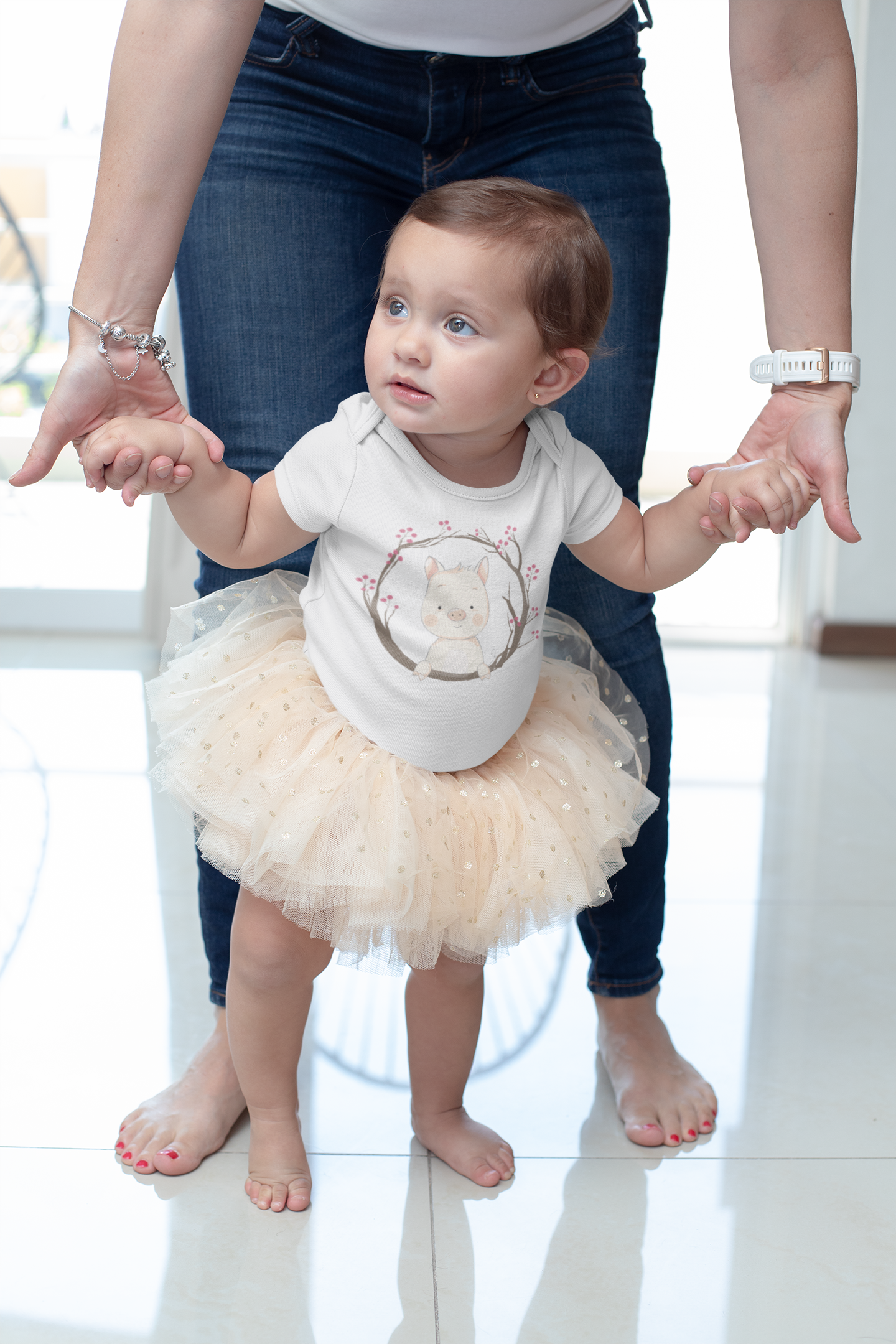 Pretty in Pig – Baby Onesie with Floral Piglet Design