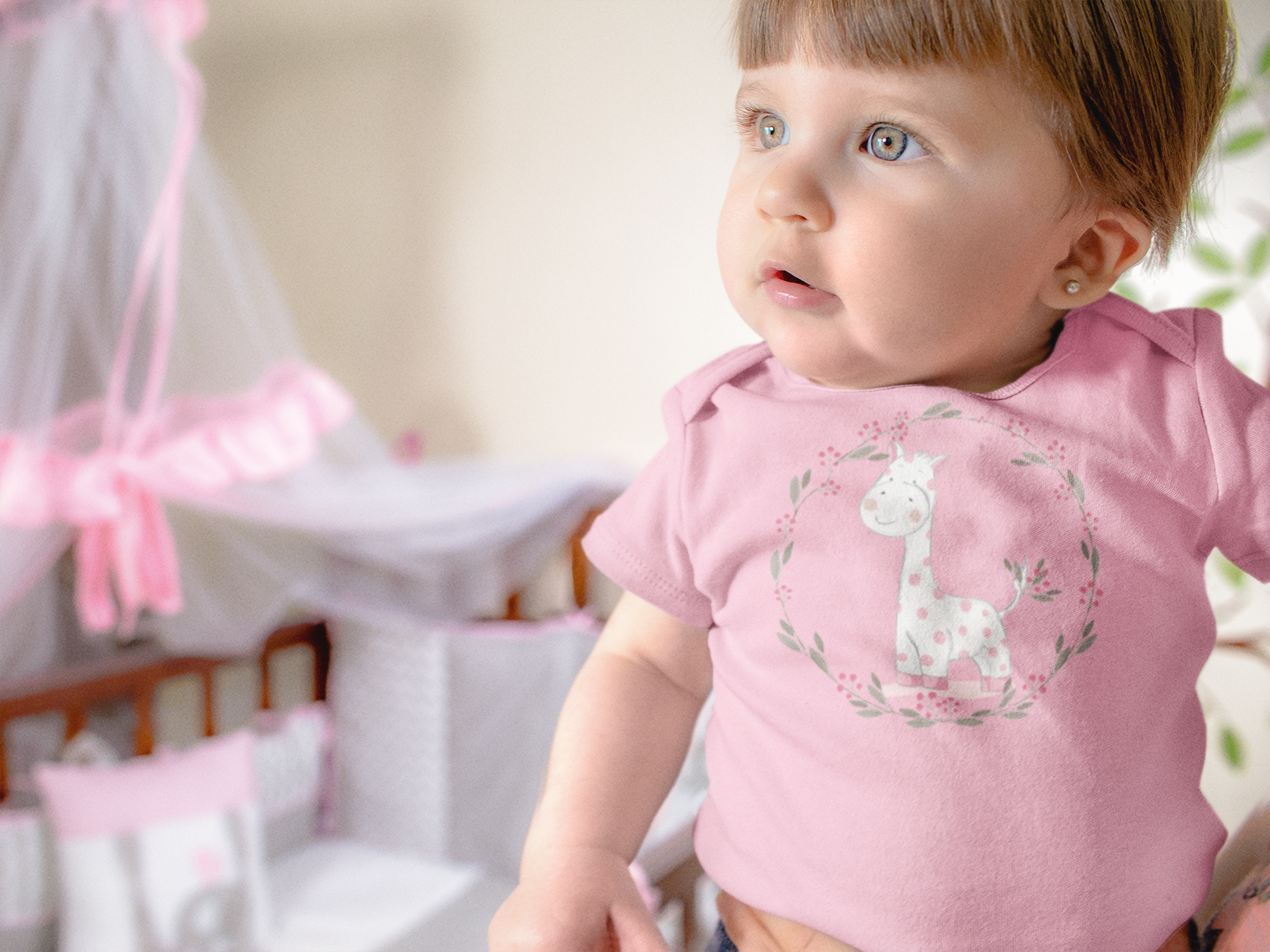 Gentle Giraffe Baby Onesie – Hand-Drawn with Flower Border