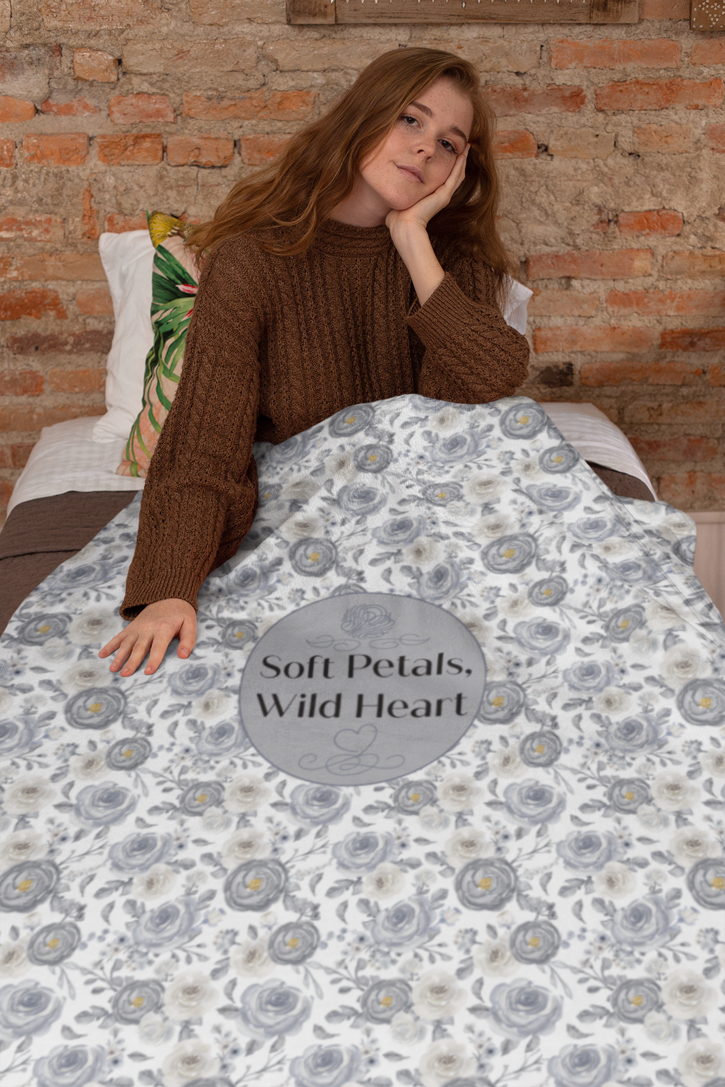 Soft Petals, Wild Heart – Gray & Blue Watercolor Floral Cozy Sherpa Fleece Blanket