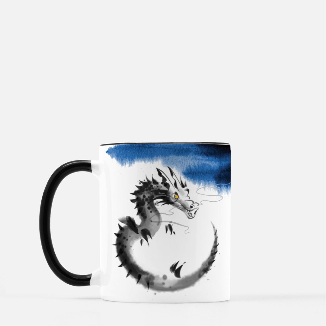 Chaos Dragon Coffee Mug – Ink Brush Dragon Art – Black Accent