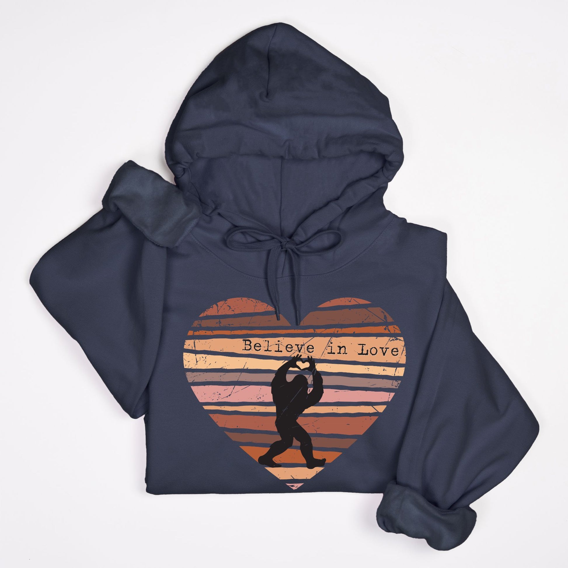 Believe in Love Bigfoot Hoodie – Retro Distressed Heart Cryptid Design