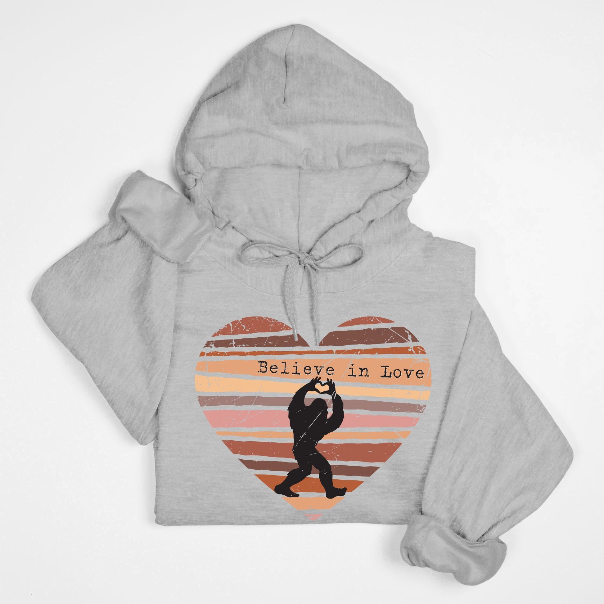 Believe in Love Bigfoot Hoodie – Retro Distressed Heart Cryptid Design