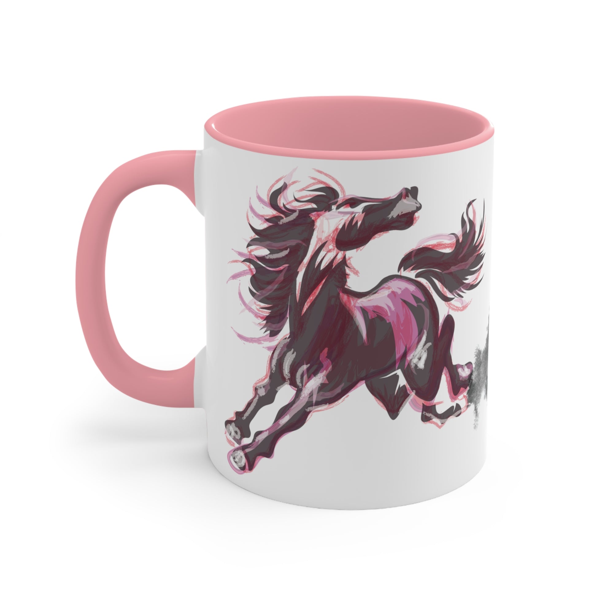 Wild Chaos Coffee Mug – Ink Brush Horse Art – Pink Accent