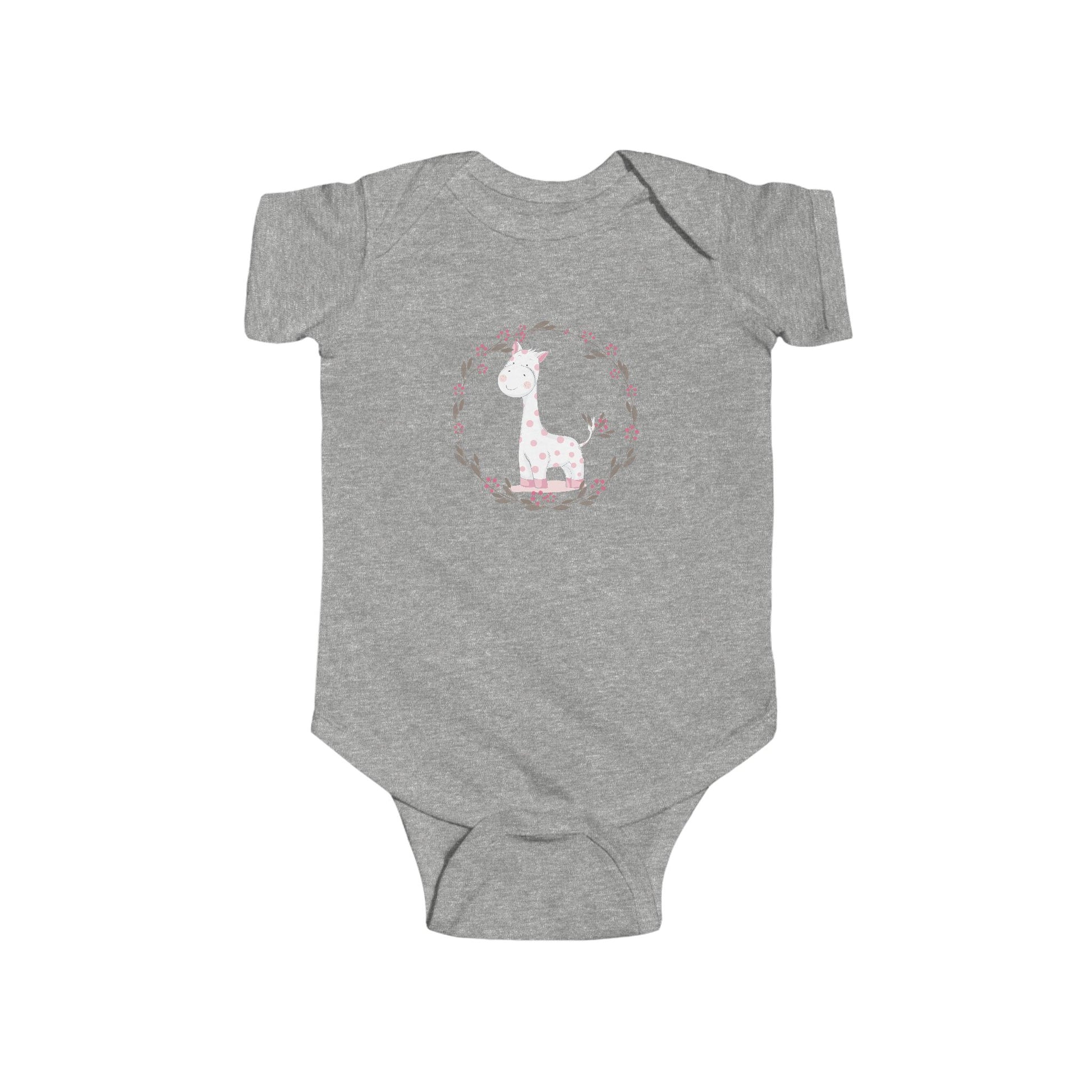 Gentle Giraffe Baby Onesie – Hand-Drawn with Flower Border