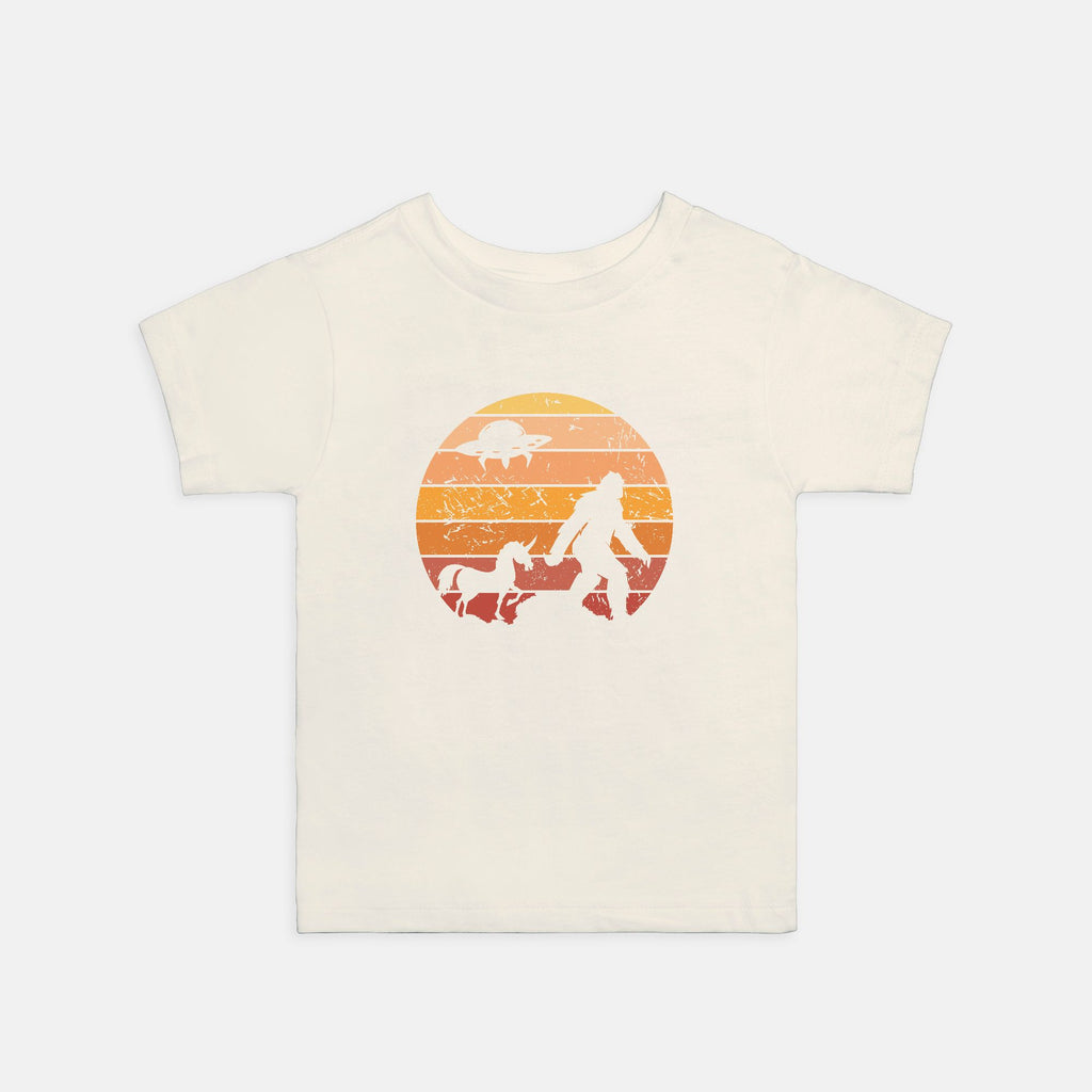 Bigfoot Sunset Toddler Tee – UFO & Unicorn Cryptid Adventure Shirt