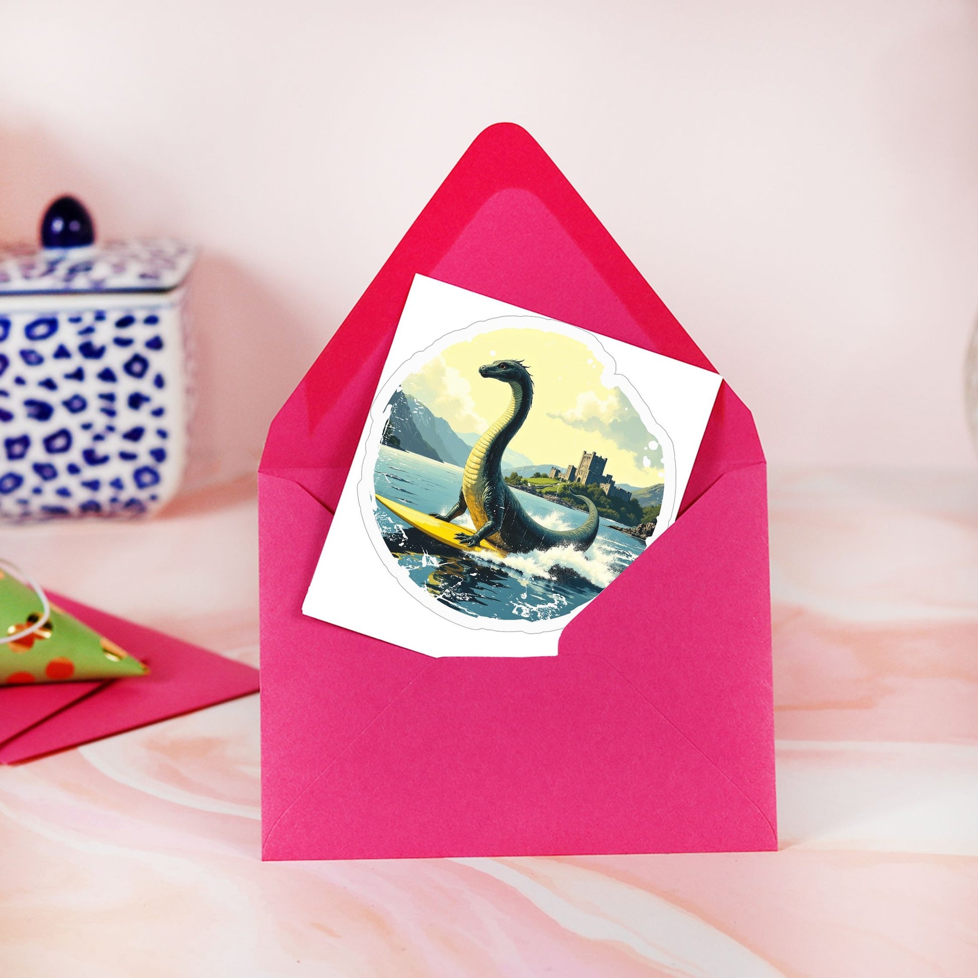 Loch Ness on Surfboard Kiss Cut Stickers - 6" x 6"