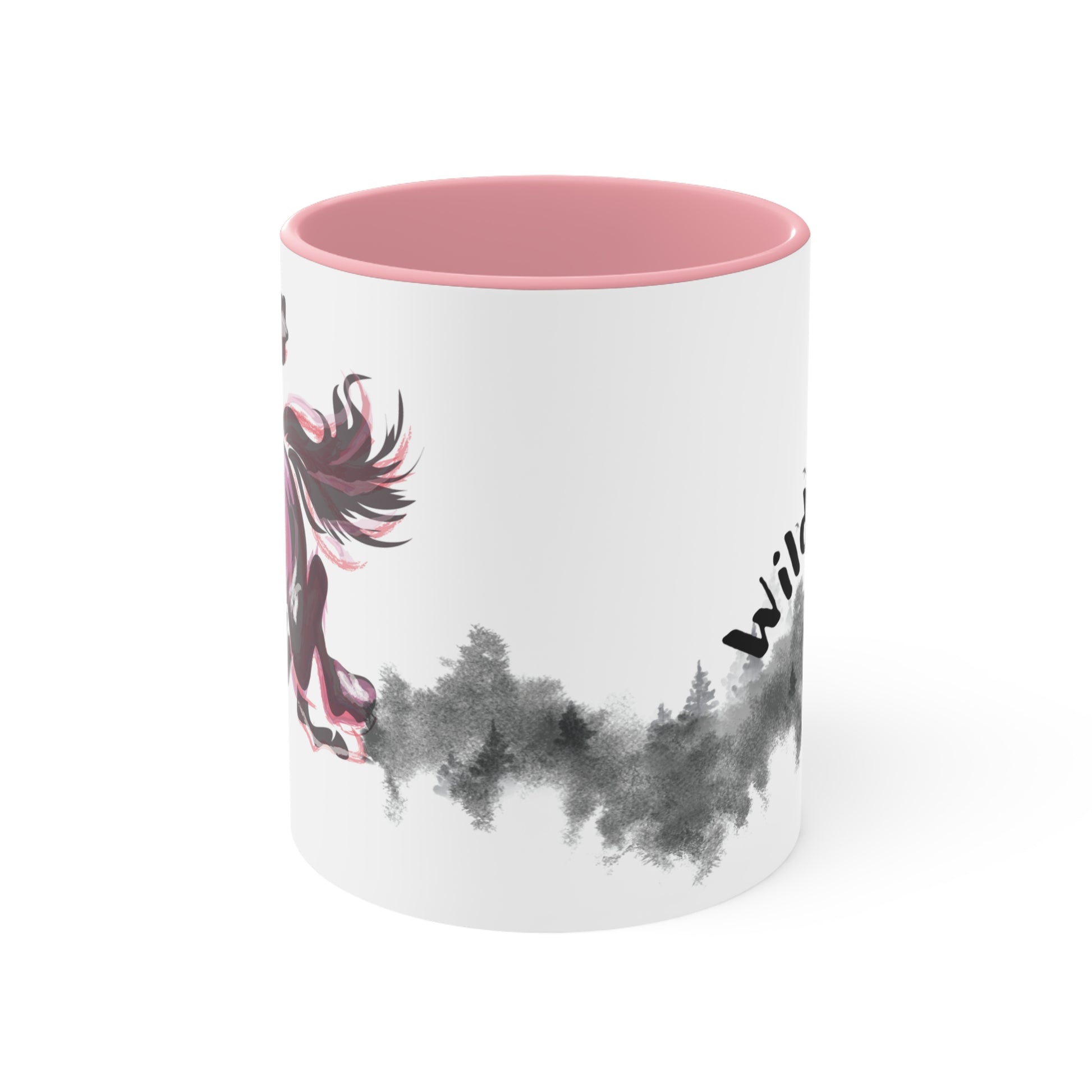 Wild Chaos Coffee Mug – Ink Brush Horse Art – Pink Accent